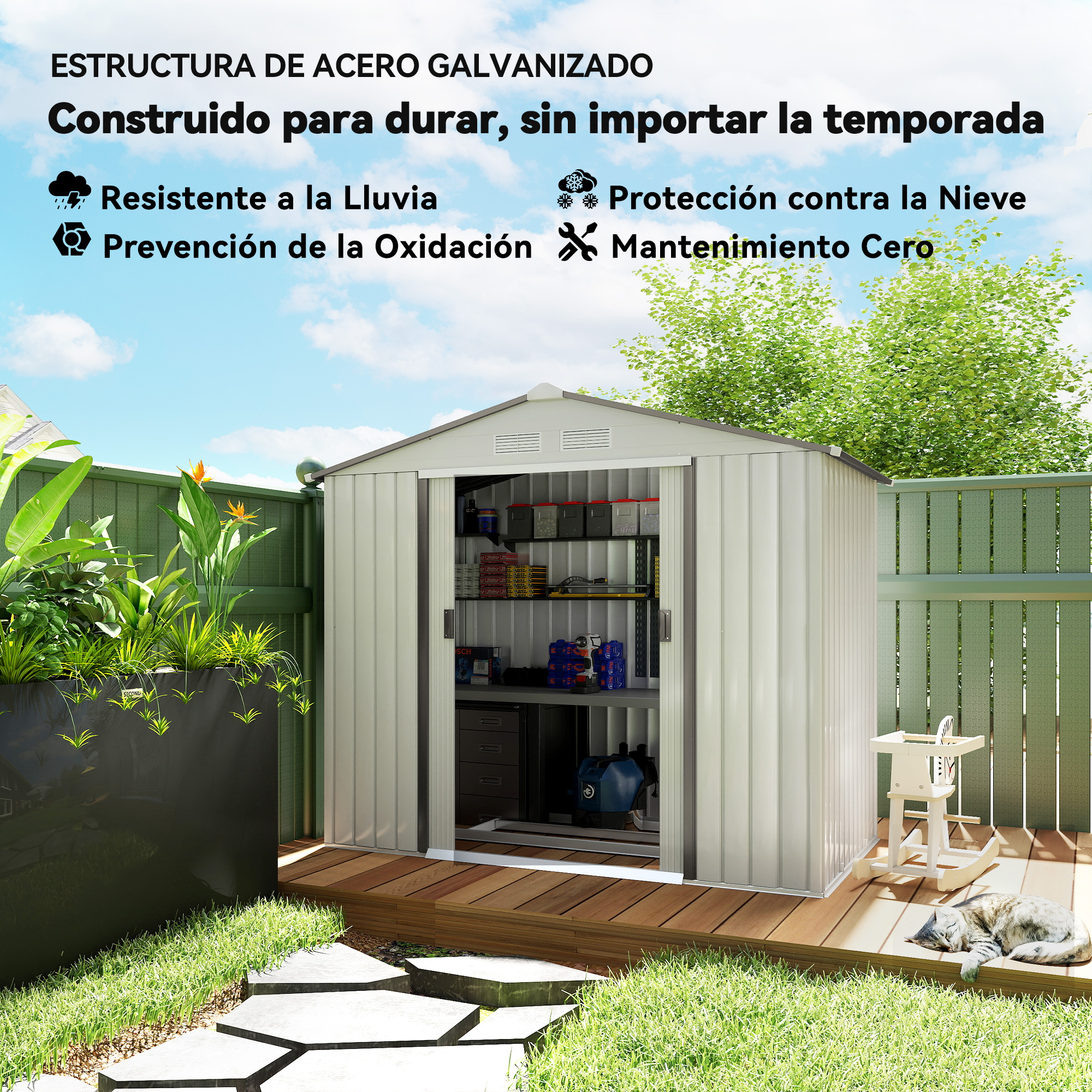 Un cobertizo de metal con puertas abiertas, rodeado de un jardín. El texto en la imagen anuncia su durabilidad y resistencia a la lluvia y la nieve.
