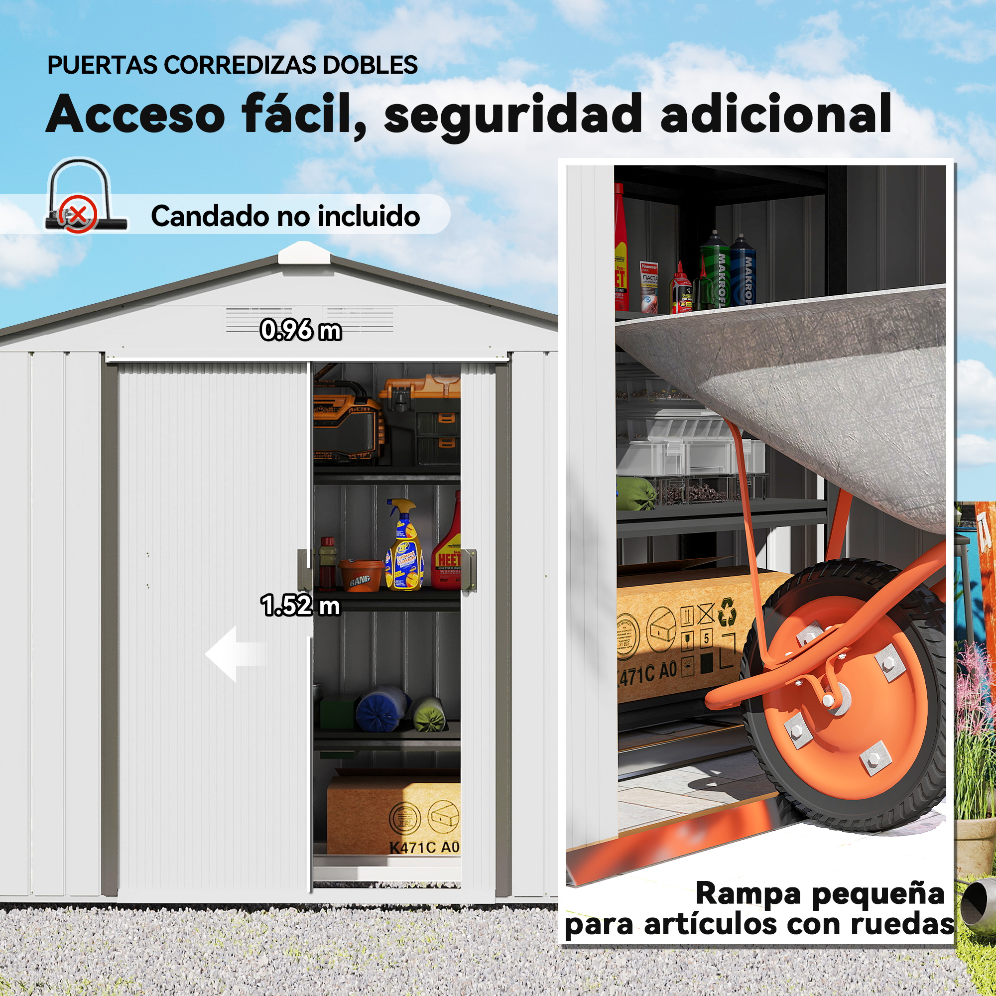 Cobertizo blanco con puerta abierta, carretilla naranja y texto en español sobre seguridad.