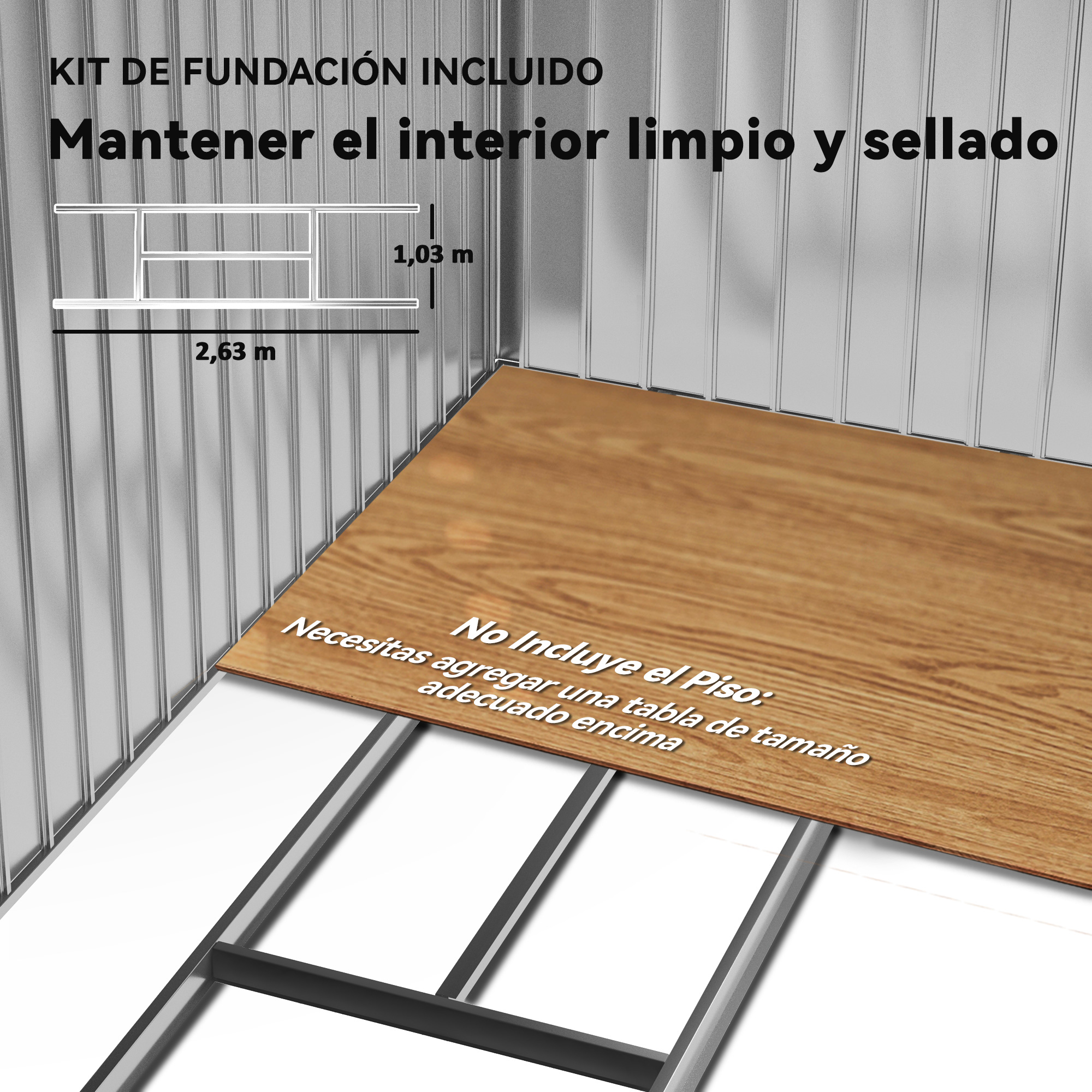 Diagrama de una estructura con dimensiones, texto en español sobre la instalación del suelo y suelo de madera.