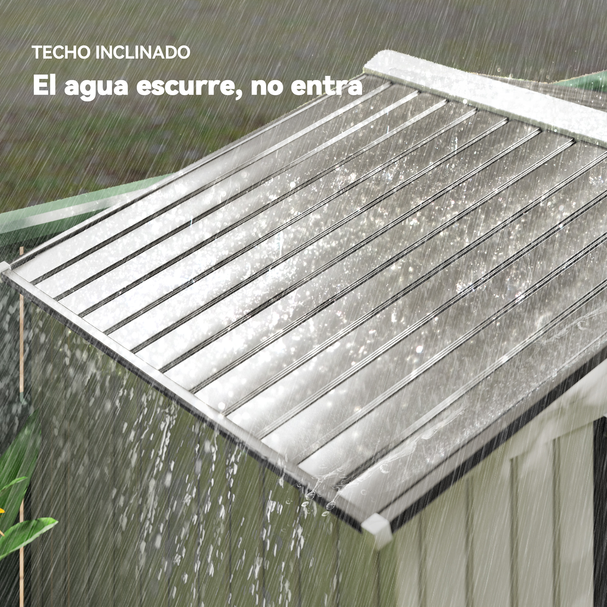 Techo inclinado bajo la lluvia. El agua se escurre. El techo es plateado, el fondo verde y está lloviendo.