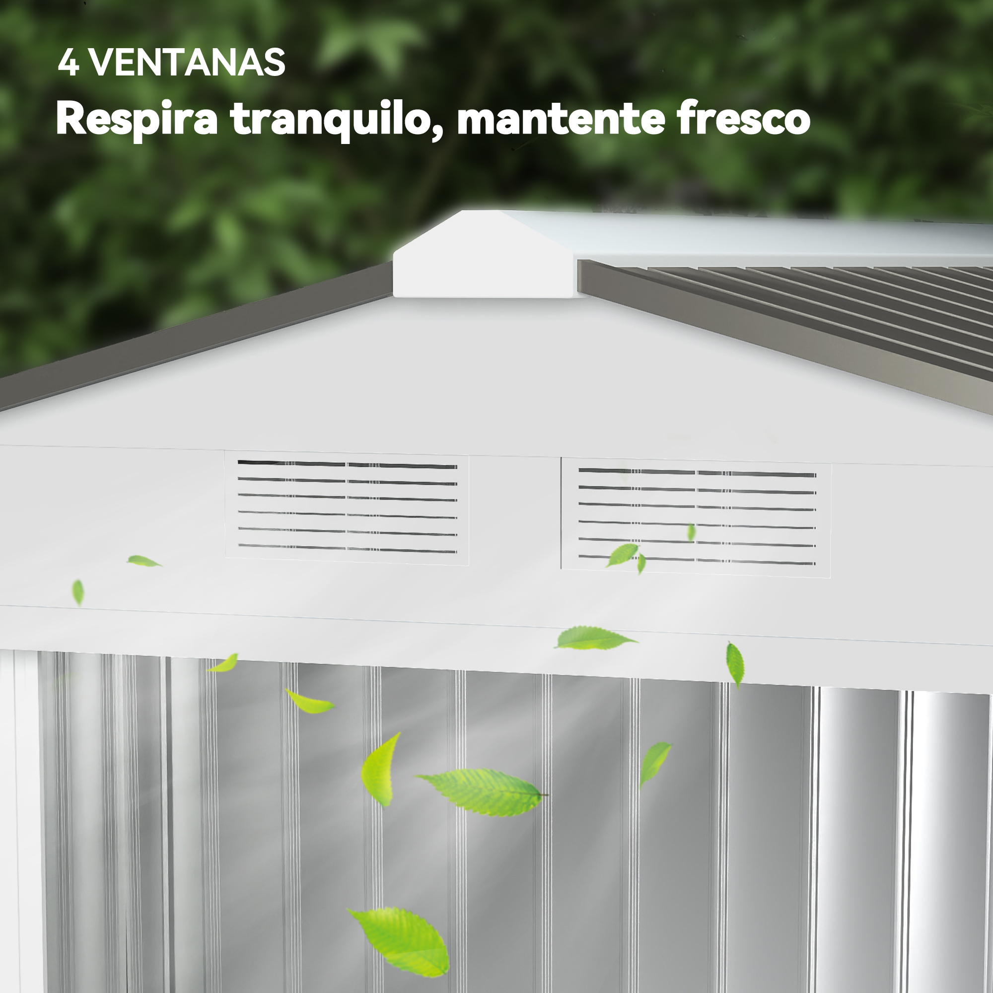 Un edificio blanco con dos ventilaciones y un tejado inclinado. Hojas verdes flotan. Texto: 4 ventanas. Respira fácil, mantente fresco.