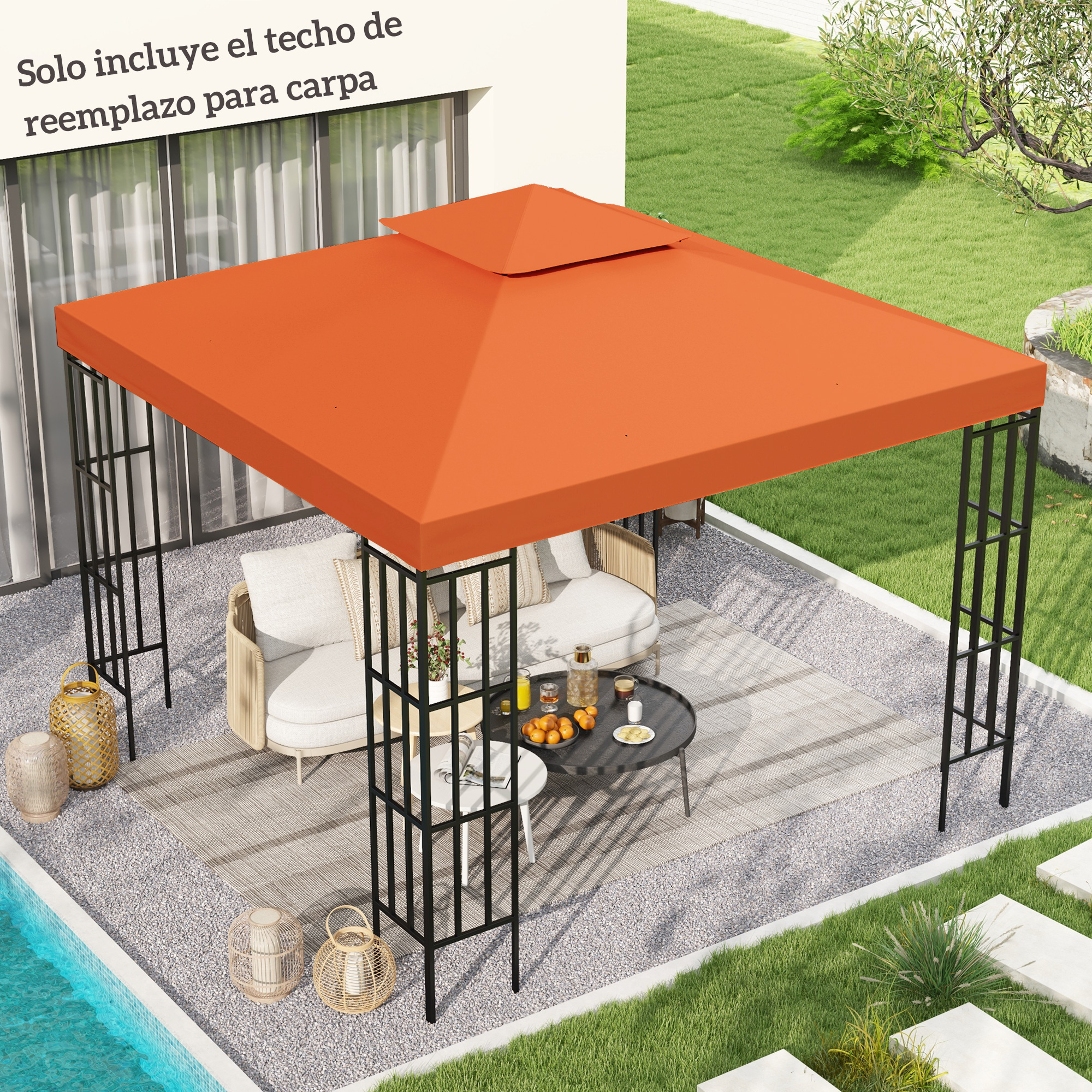 Un toldo naranja sobre un patio con muebles, una mesa y una piscina. El fondo es un césped.