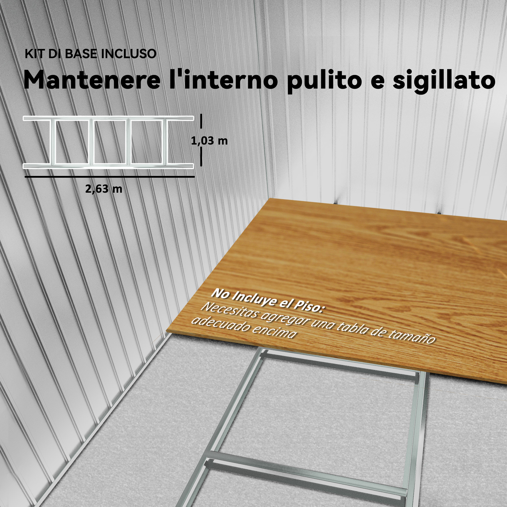 Diagrama de una estructura con dimensiones, muestra de suelo de madera y texto en italiano y español. El fondo tiene una textura gris.