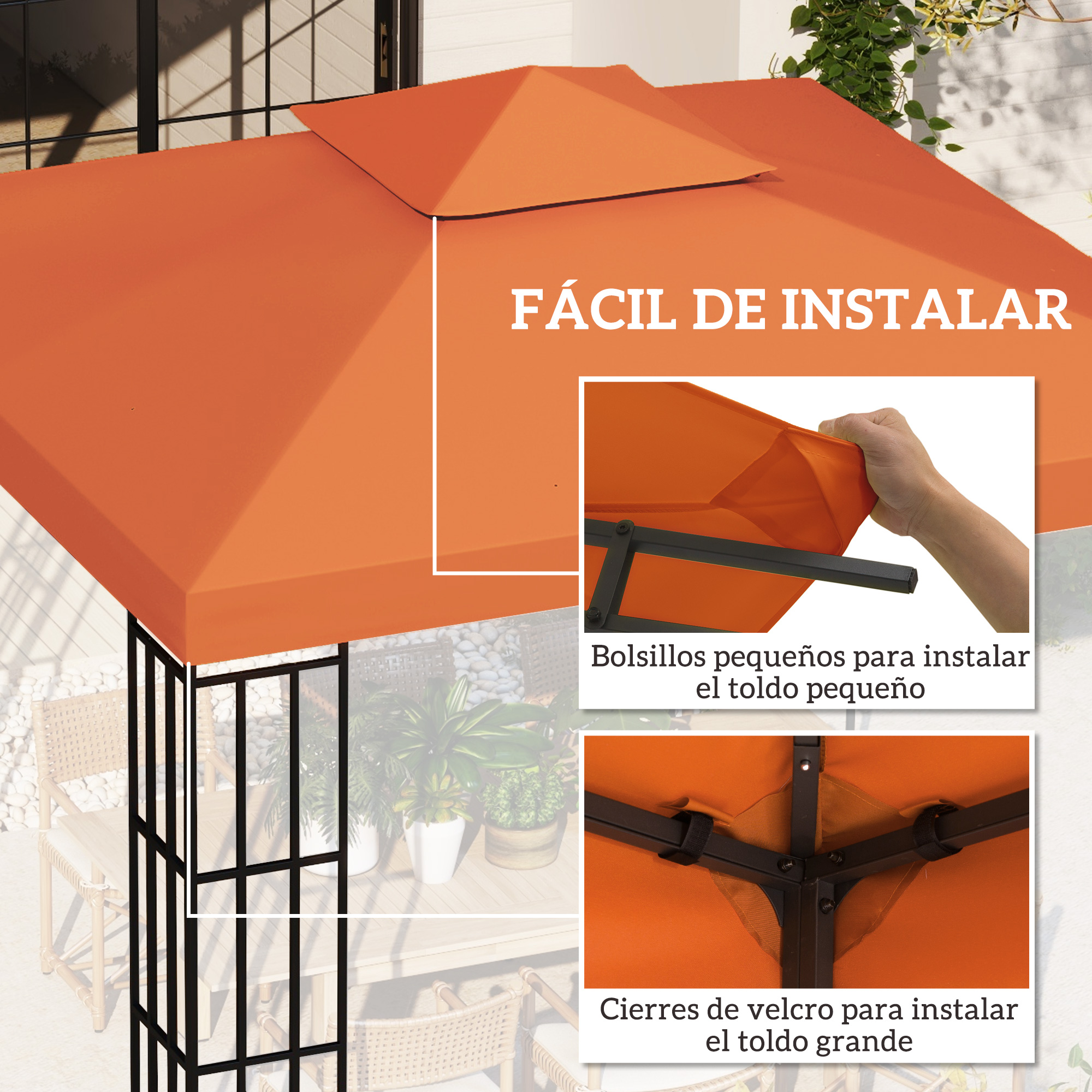 Un toldo naranja con texto que indica fácil instalación. Los detalles muestran velcro y bolsillos para el montaje. Incluye un entorno al aire libre.