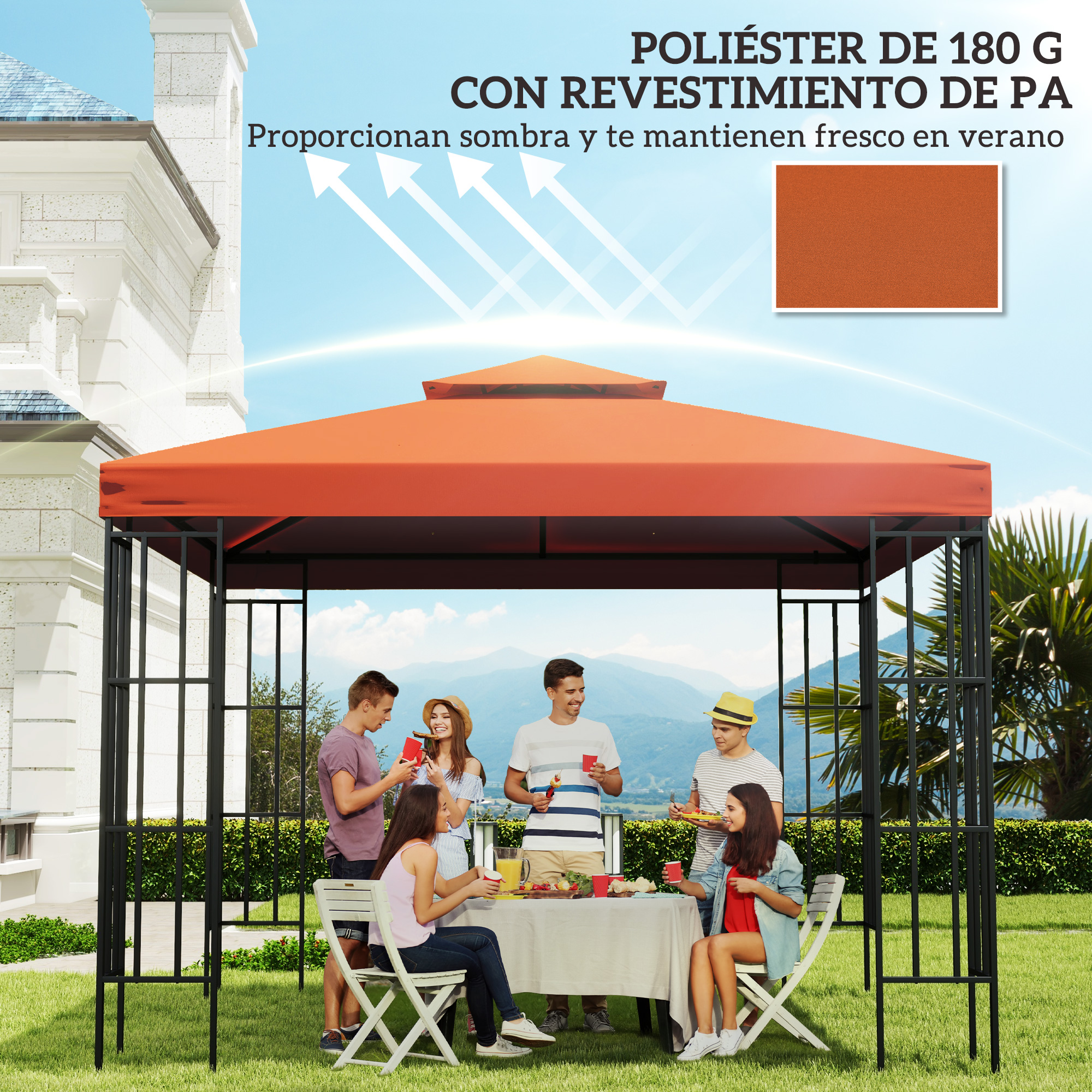 Grupo de personas bajo una glorieta con techo naranja, disfrutando de una comida al aire libre. Césped verde y un edificio blanco al fondo.