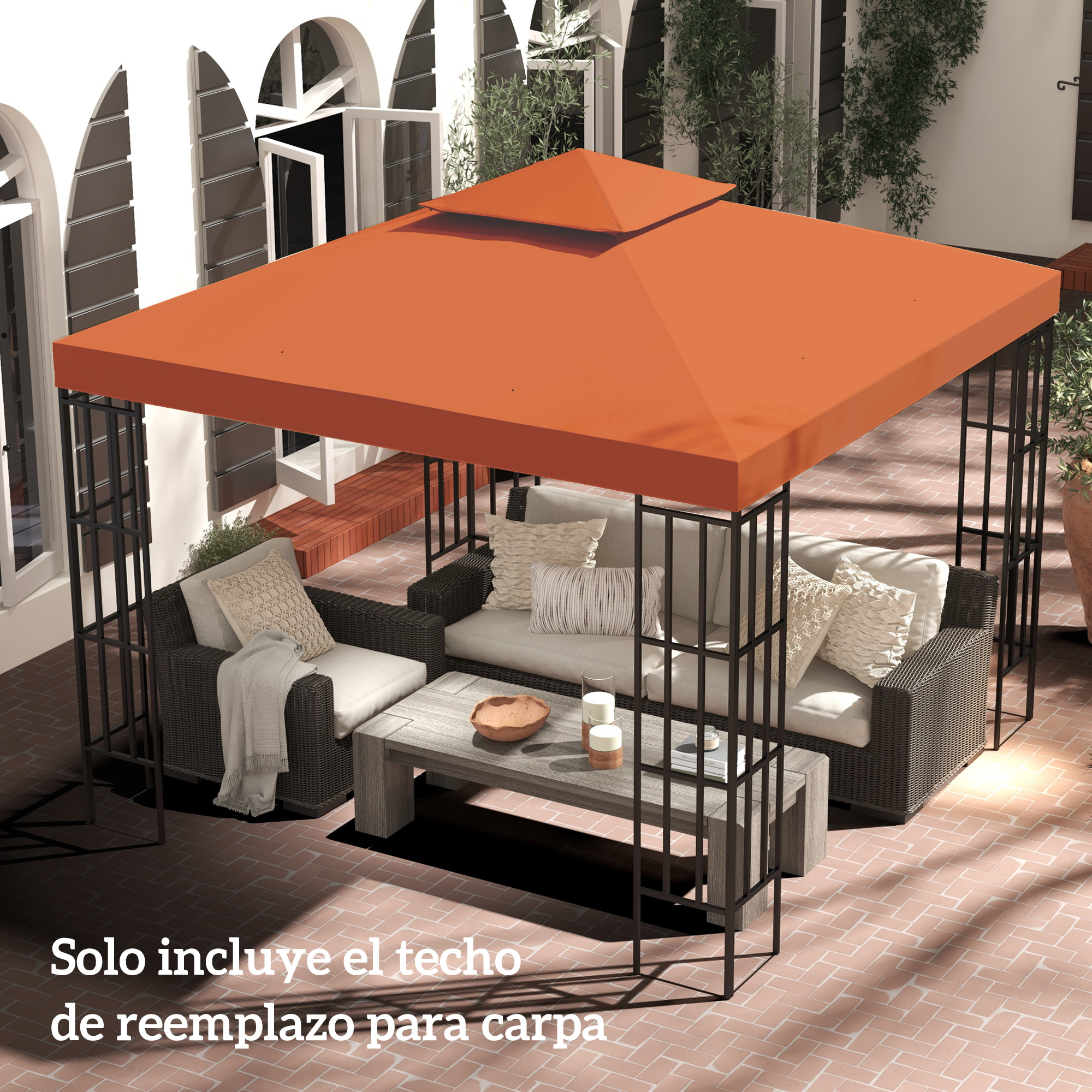 Escena de patio al aire libre con una glorieta marrón, asientos y una mesa. Suelo de ladrillo. El texto inferior dice: Solo dosel de repuesto.