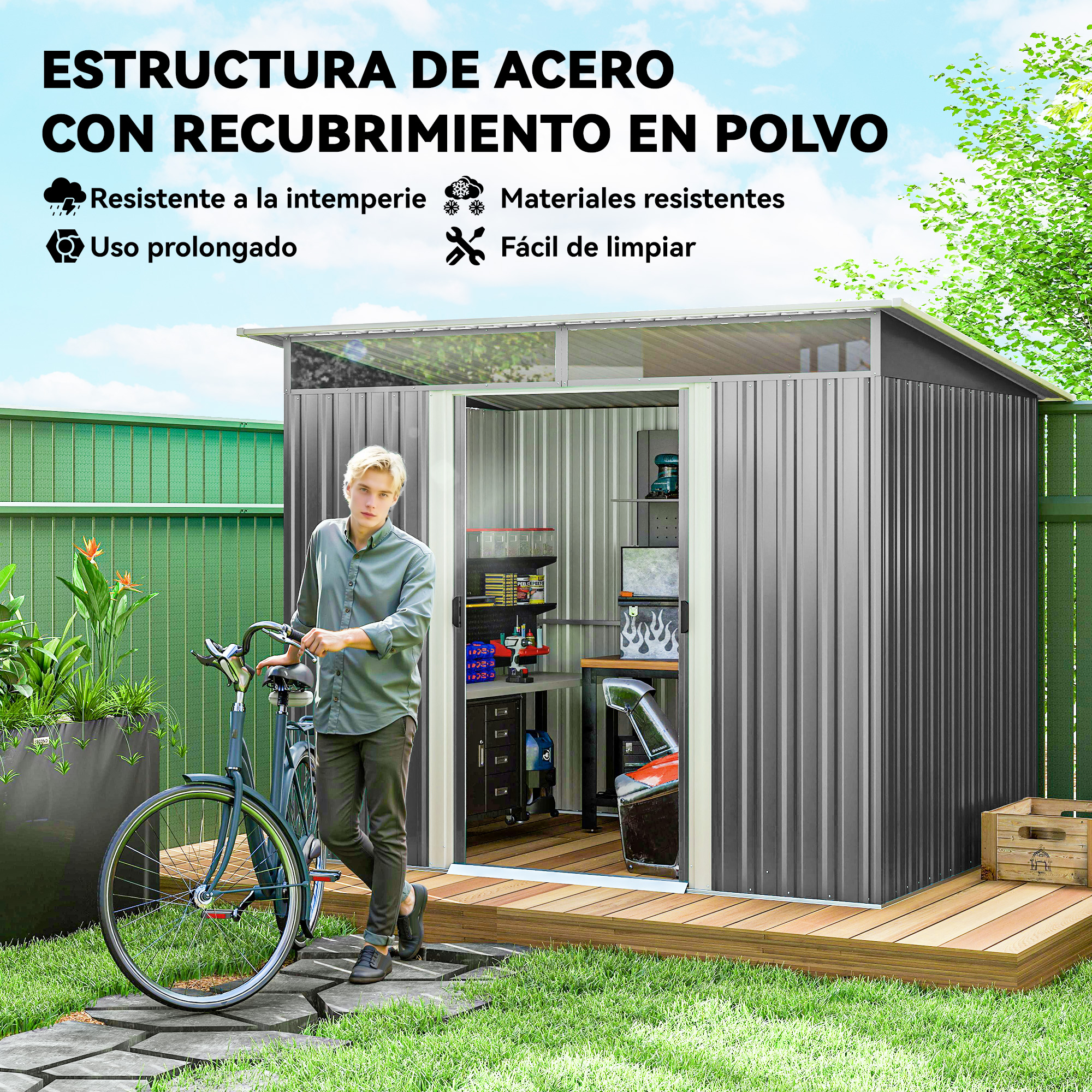 Hombre con bicicleta junto a un cobertizo metálico. El cobertizo tiene la puerta abierta con herramientas dentro y está sobre una cubierta de madera.