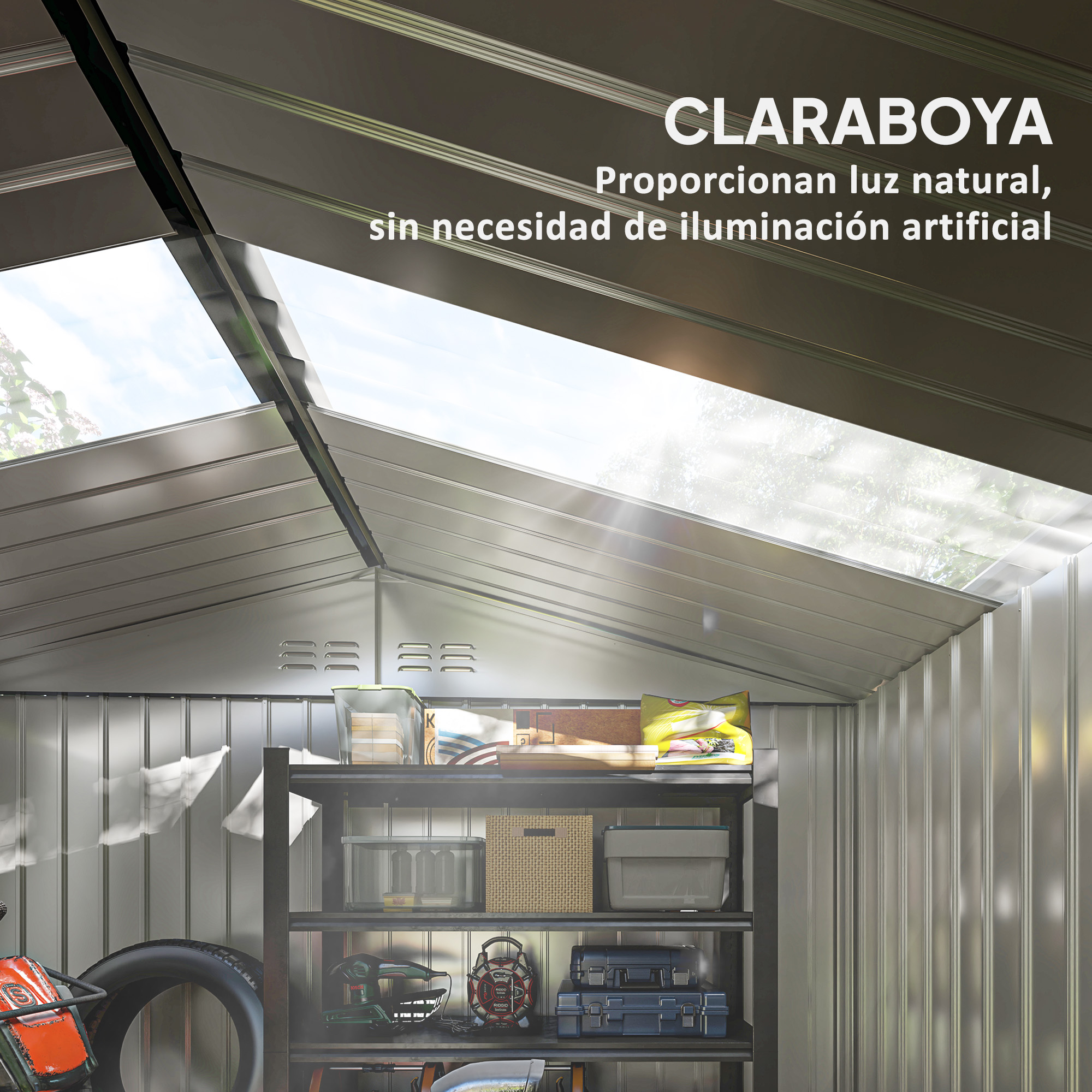 Dentro de un cobertizo metálico con tragaluz. Estantes con cajas de almacenamiento y herramientas. Texto: 'Tragaluz, proporciona luz natural'.