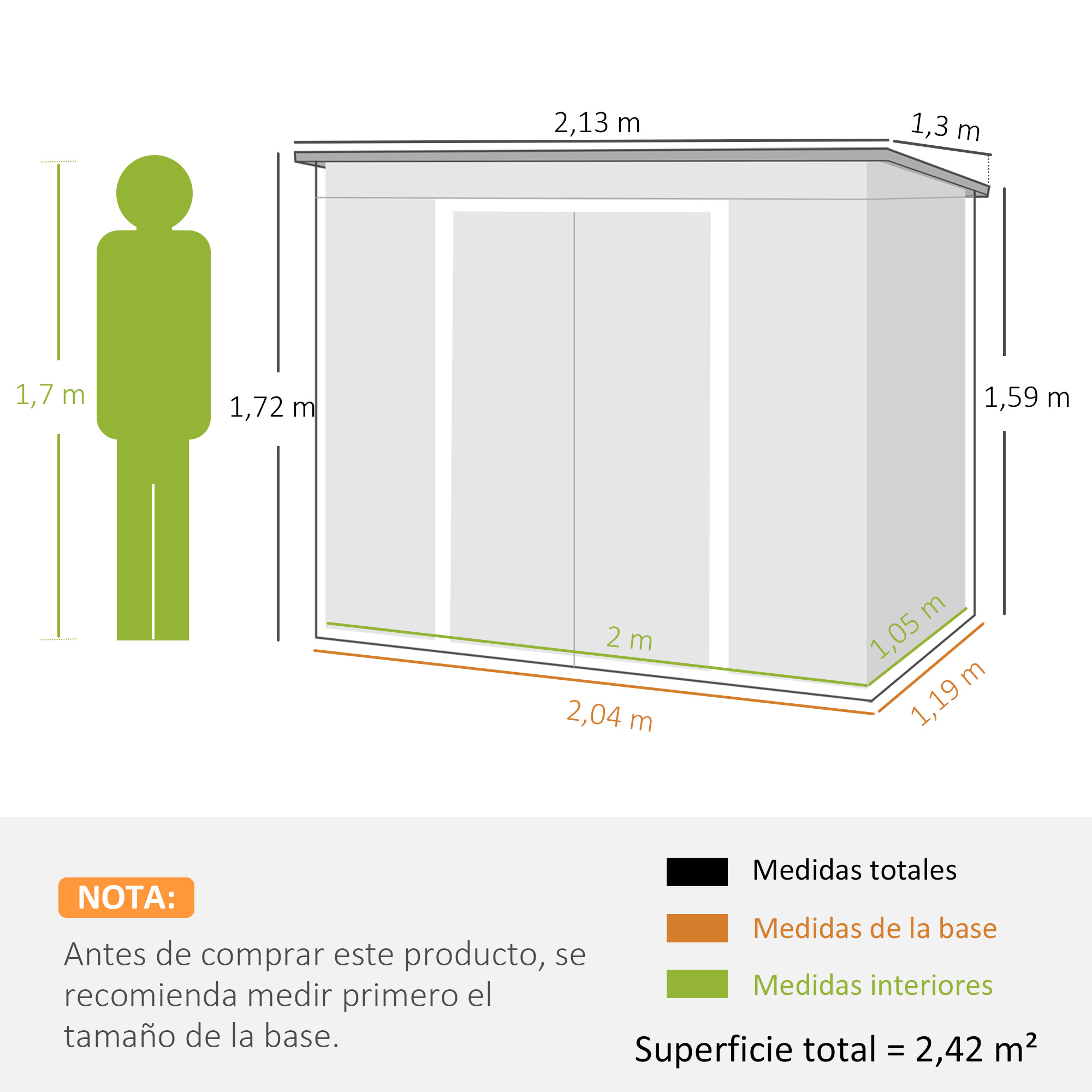 Diagrama que muestra un cobertizo con dimensiones, un icono de persona y texto. Las dimensiones incluyen altura, ancho y medidas de la base.