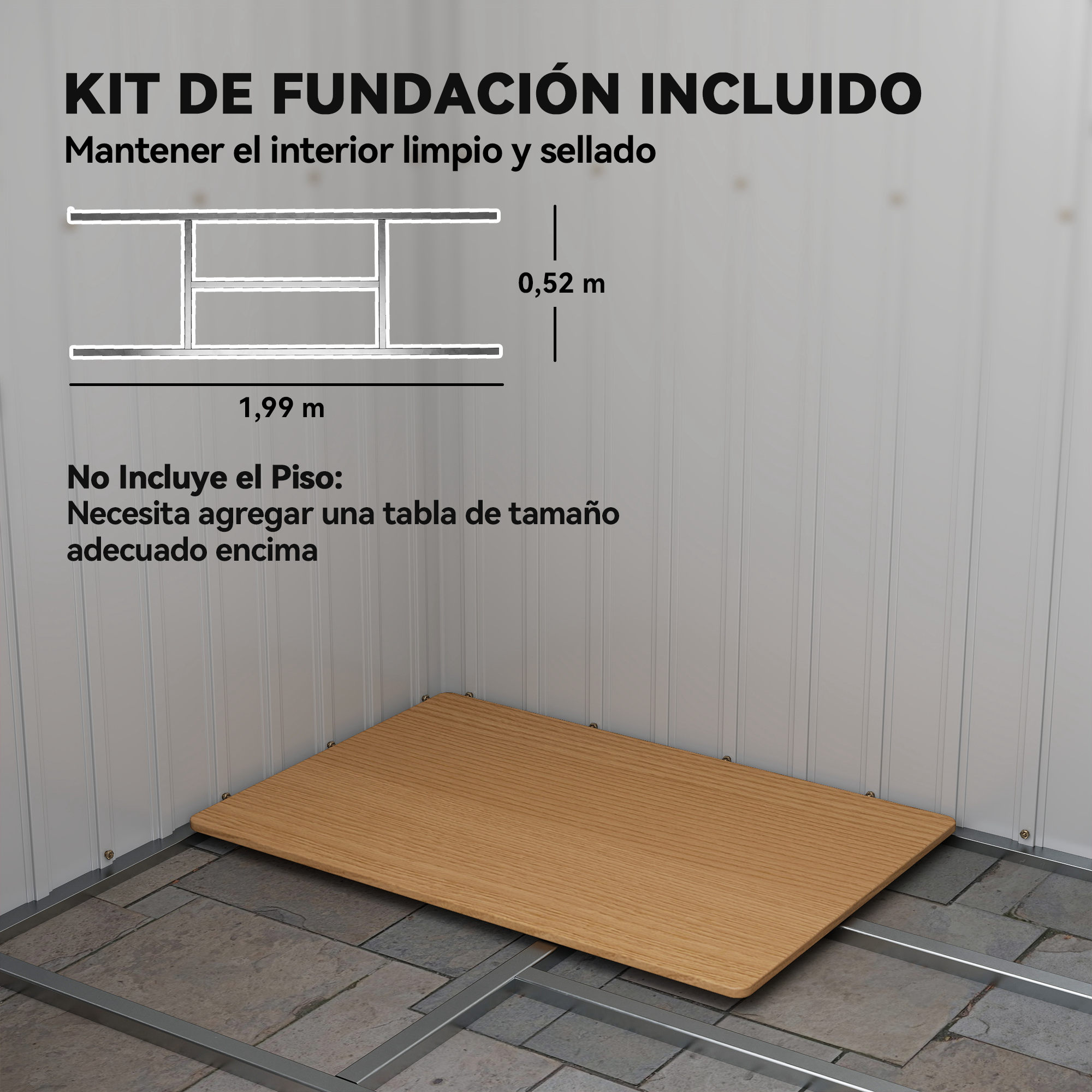 Un kit de cimentación con dimensiones. Una tabla de madera está colocada sobre un marco de metal, dentro de una habitación. Texto en español presente.