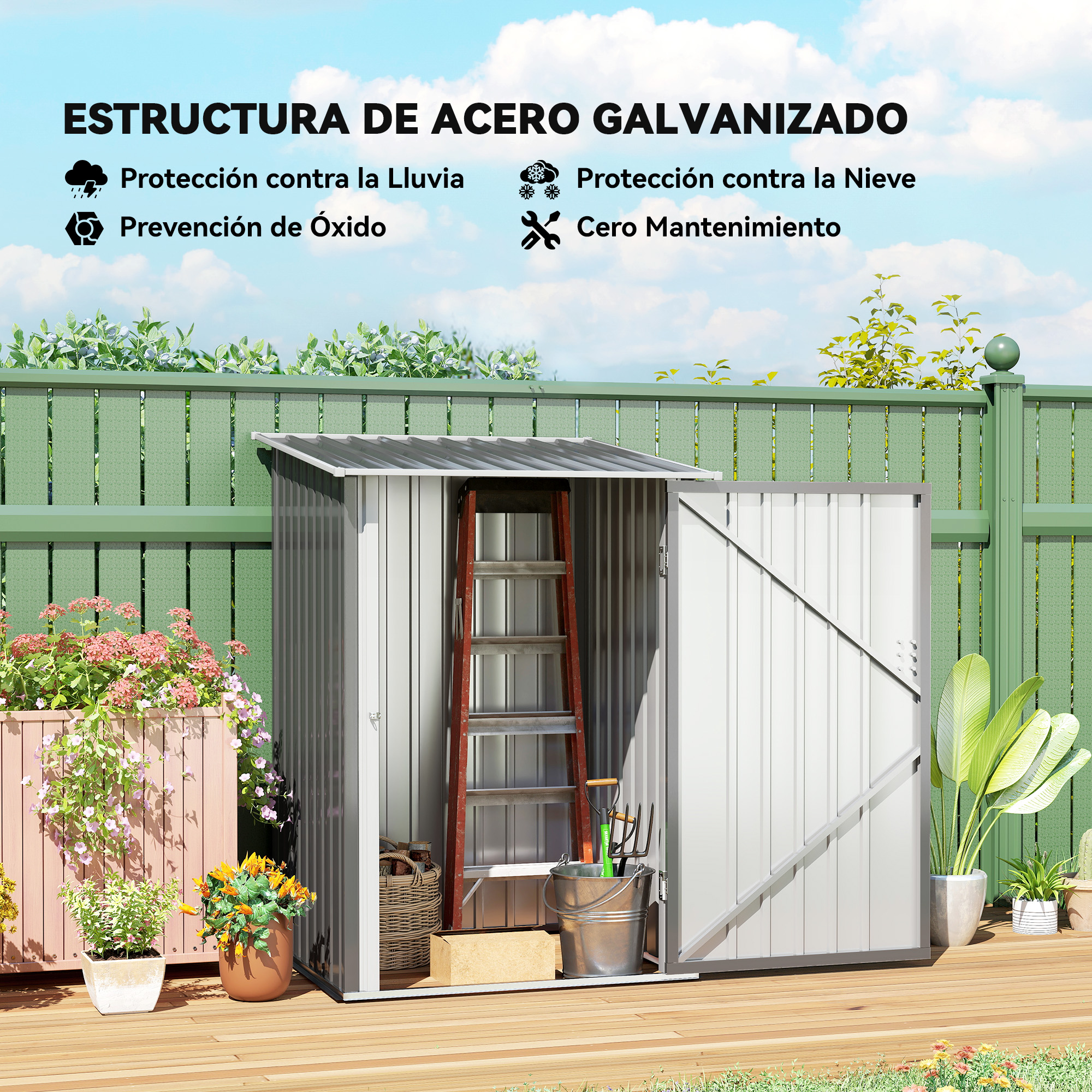 Cobertizo metálico con puerta abierta. Una escalera, herramientas y una cesta están dentro. Valla verde y plantas.