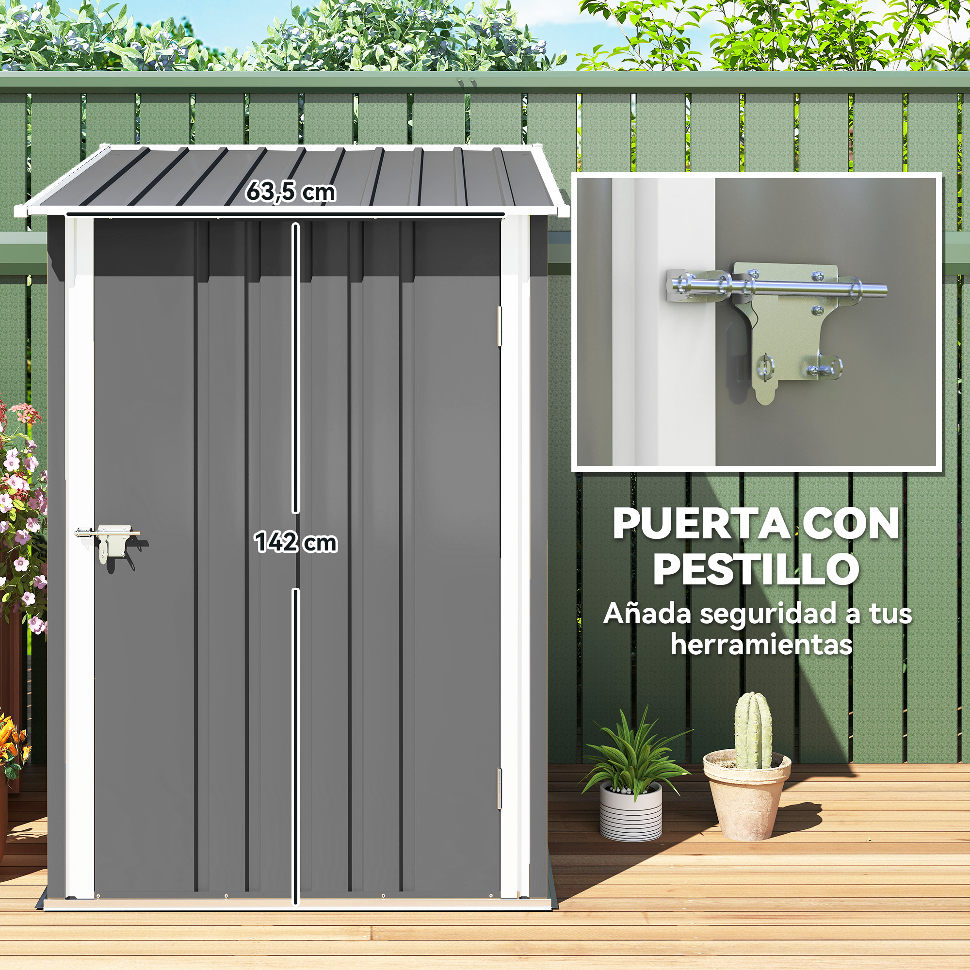 Cobertizo gris con pestillo y techo metálico. En el fondo, una valla, plantas y un cactus.