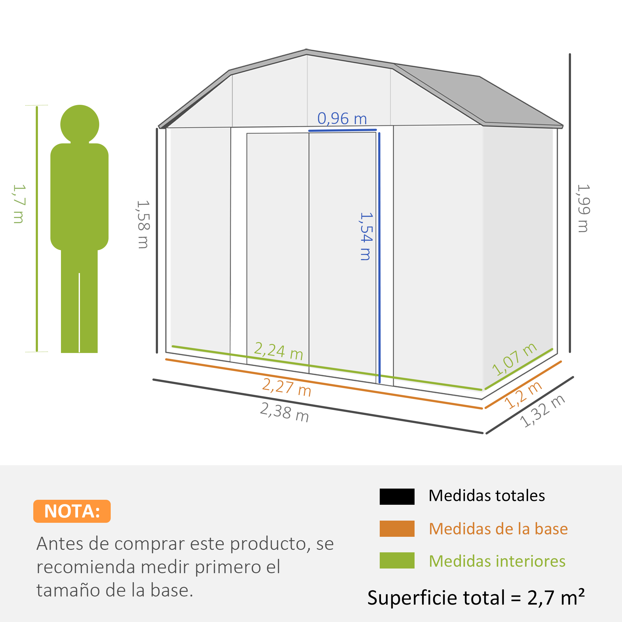 Diagrama de un cobertizo con dimensiones en metros, silueta de persona y texto sobre medidas.