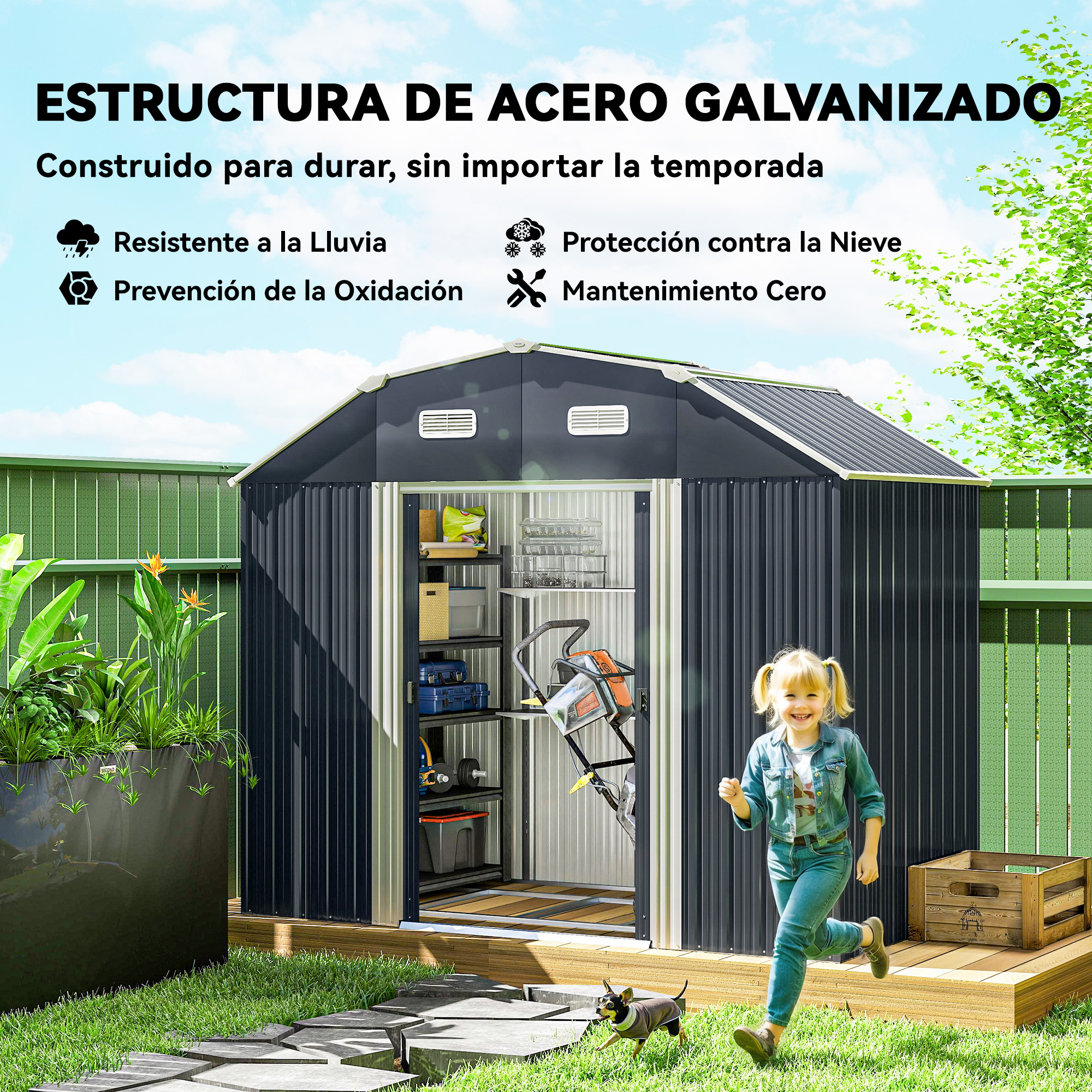 Una niña corre junto a un cobertizo con un perro. El cobertizo es de color gris oscuro.