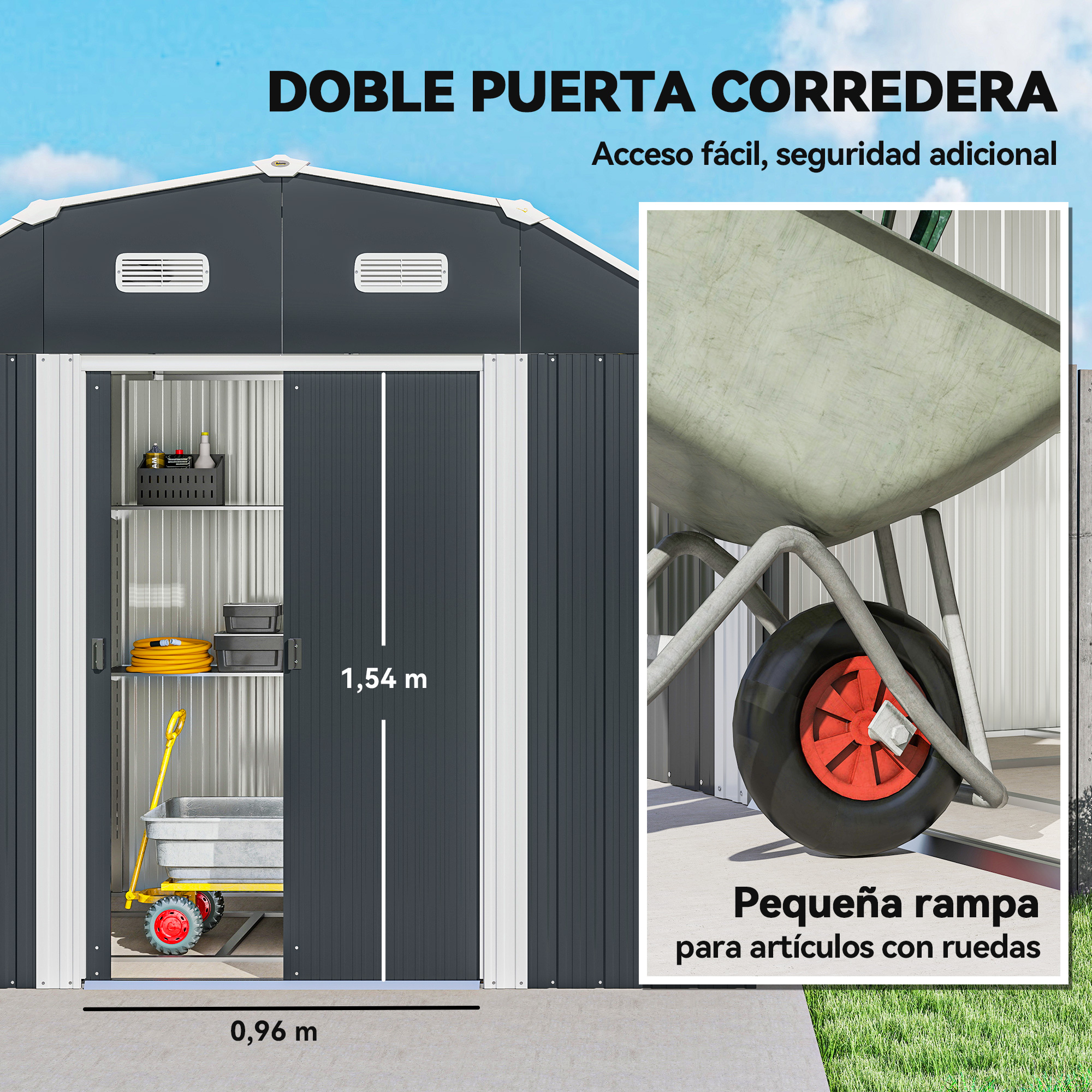 Un cobertizo gris con puertas correderas, una carretilla y texto en español. El cobertizo tiene estantes.