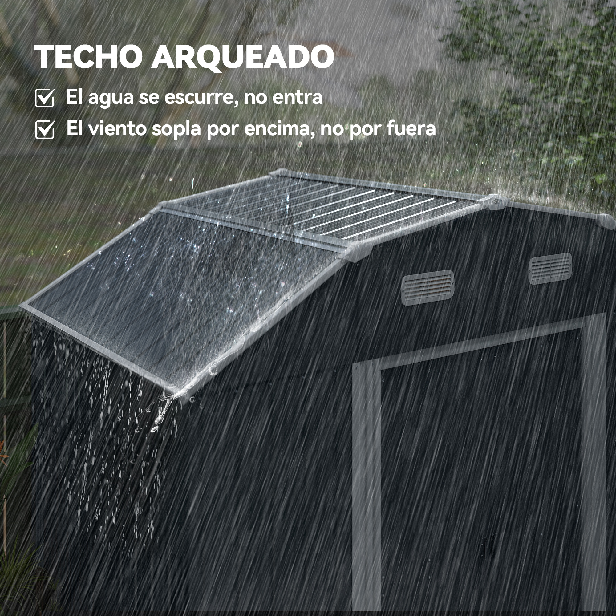 Un cobertizo con techo arqueado bajo lluvia intensa. El agua escurre del techo. El texto dice que el agua se escurre y el viento sopla por encima.
