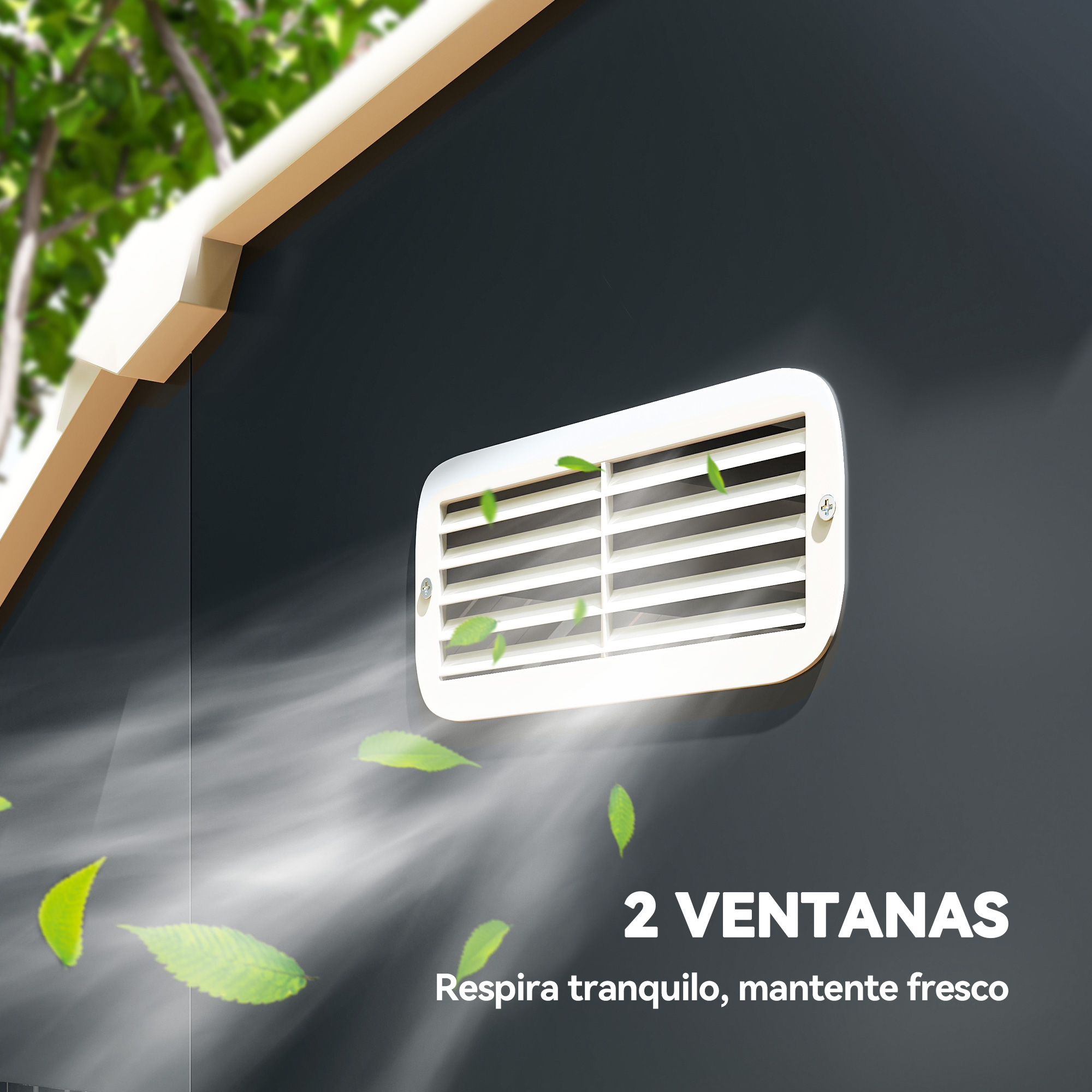 Una rejilla blanca con hojas flotando alrededor está en una pared gris. El texto dice '2 VENTANAS' y 'Respira tranquilo, mantente fresco'.