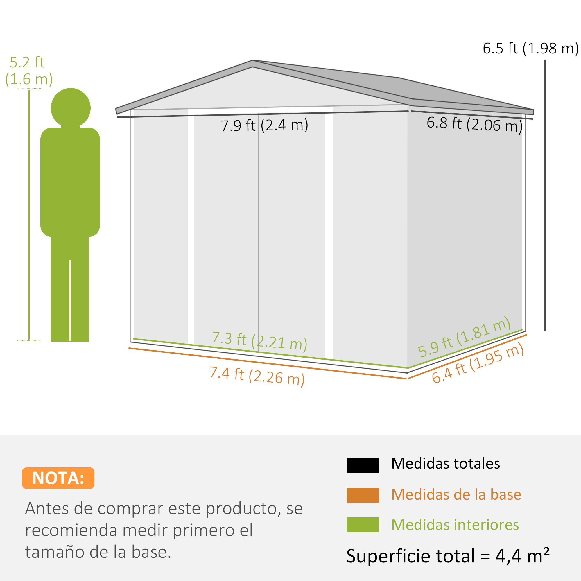 Diagrama de un cobertizo con dimensiones en pies y metros. Incluye medidas totales, de base e interiores, y una advertencia.