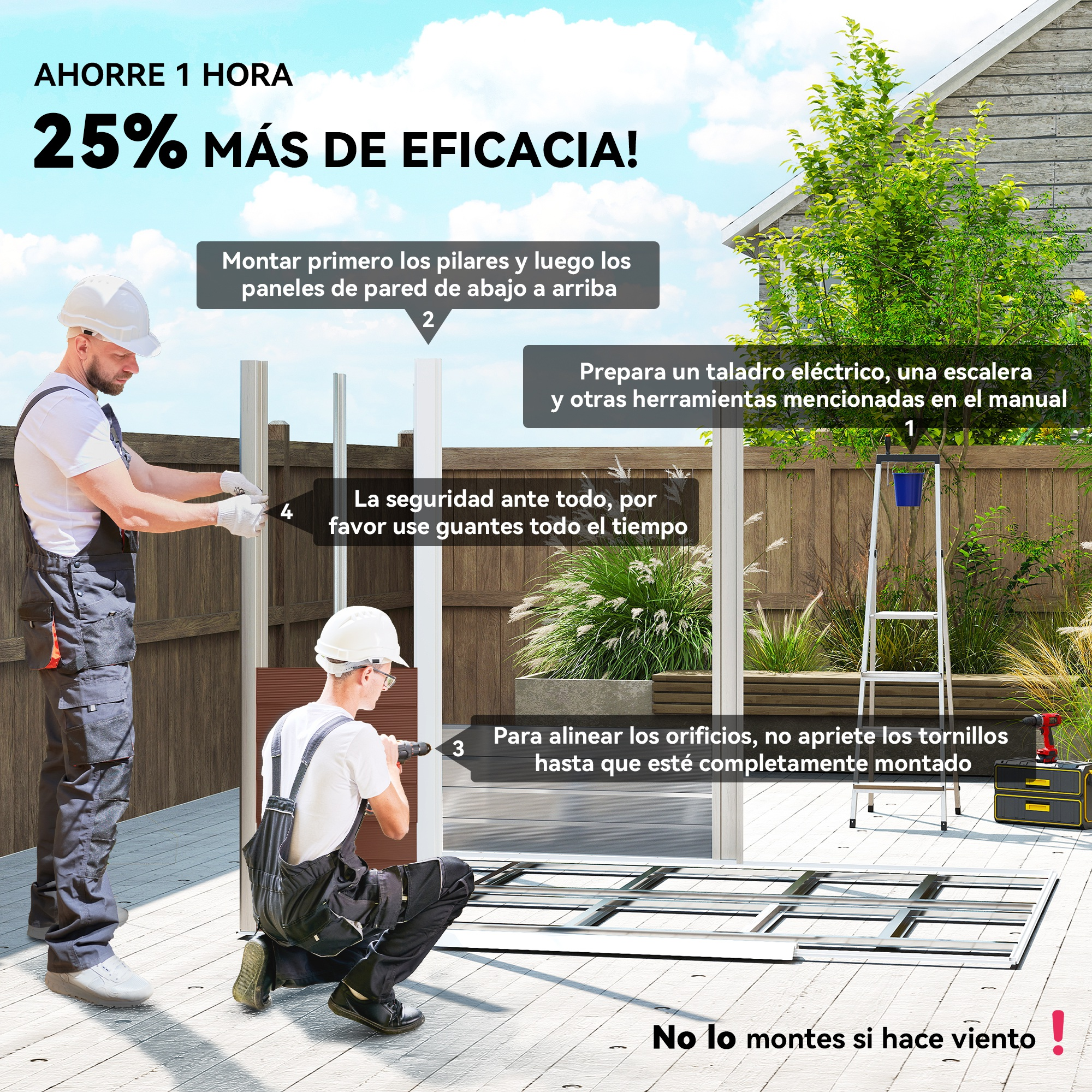Dos hombres construyen una valla, uno usa un taladro. Se proporcionan instrucciones con advertencias de seguridad.