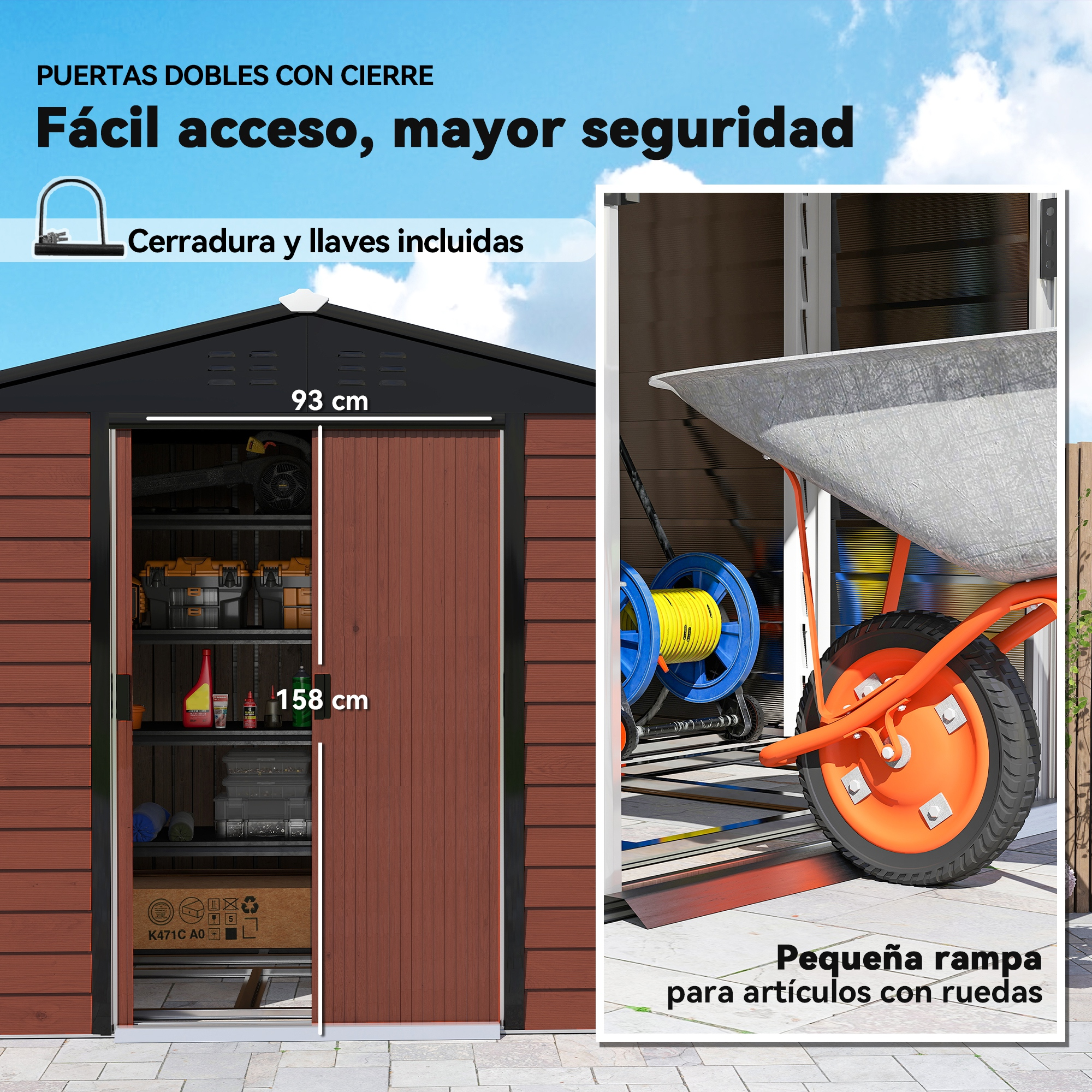 Un cobertizo marrón con puertas dobles, carretilla, carrete de manguera y fondo de cielo azul. El cobertizo tiene dimensiones en cm.