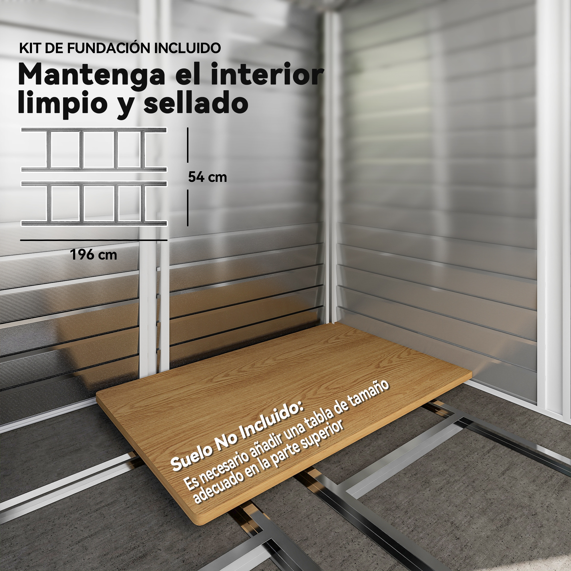 La imagen muestra un kit de cimentación. Tiene una mesa de madera y una estructura metálica con texto en español.