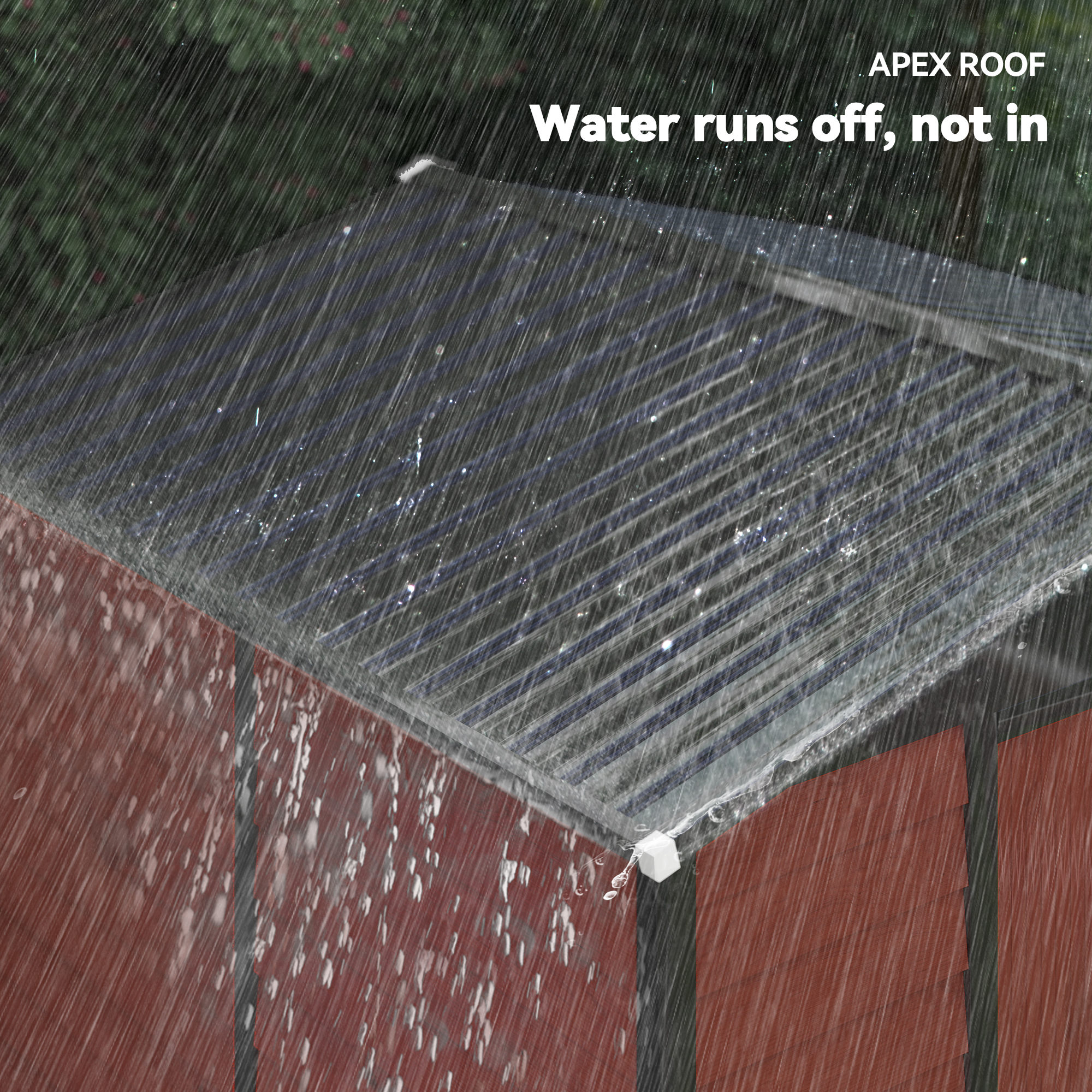 Lluvia sobre un tejado con agua fluyendo. El tejado es transparente y las paredes son de color marrón rojizo.