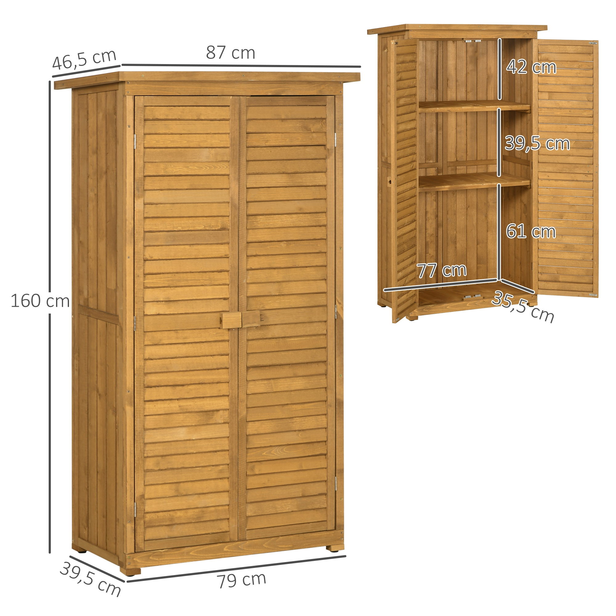 Armario de almacenamiento de madera, cerrado y abierto. Las dimensiones están etiquetadas. Tiene estantes y un pestillo.
