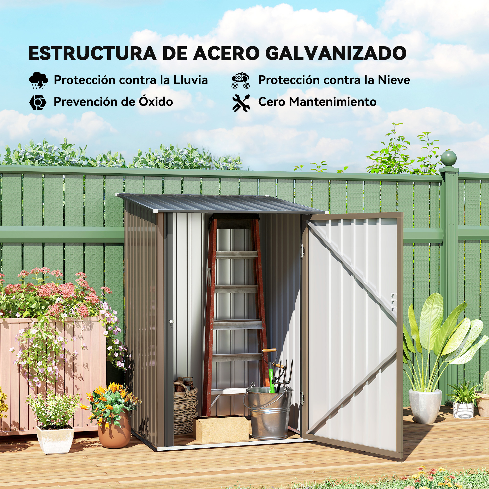 Un cobertizo metálico con la puerta abierta. Una escalera, herramientas y plantas en su interior. Valla verde y cielo azul al fondo.