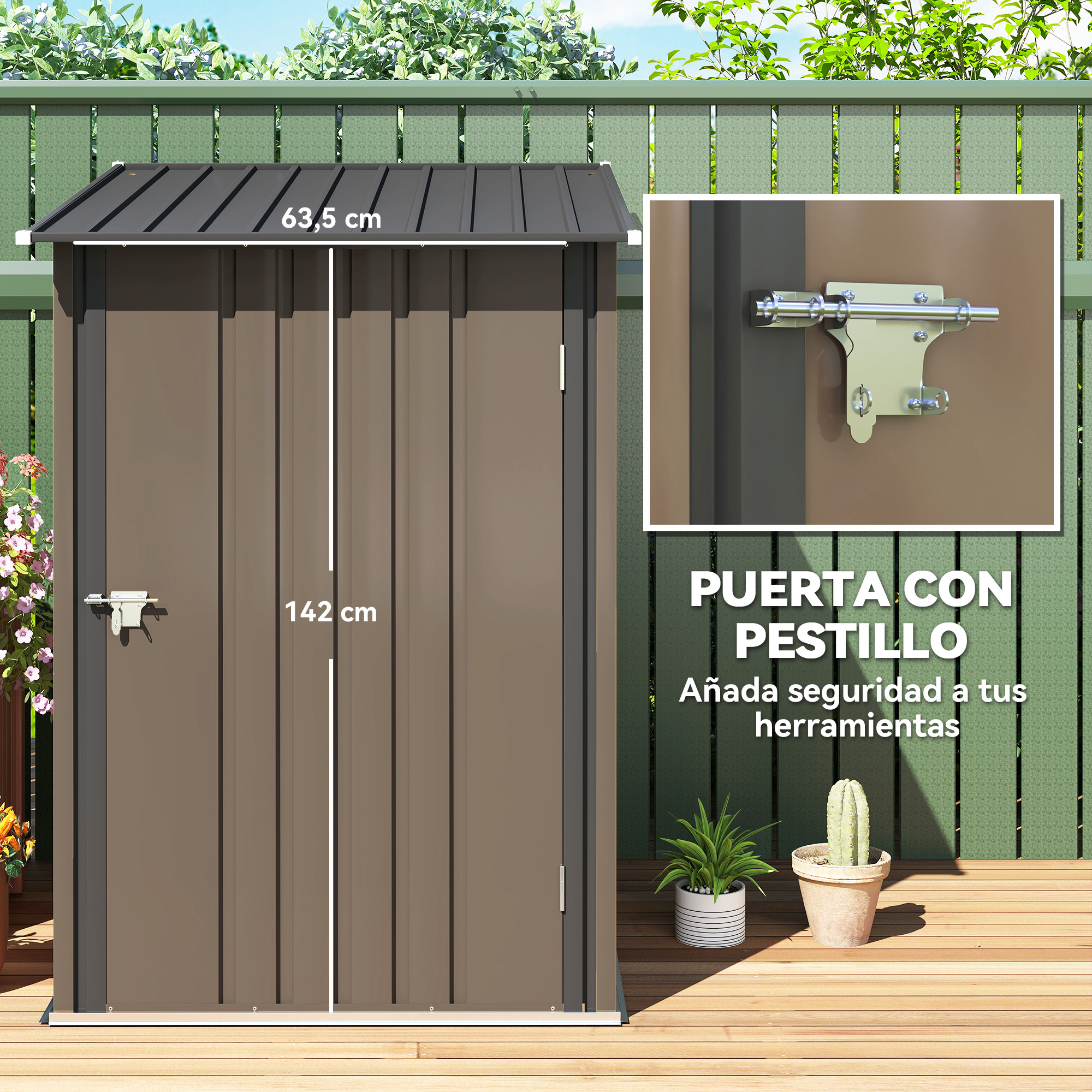 Un cobertizo marrón con techo metálico y puerta con pestillo. El texto dice 'Puerta con pestillo' y se muestran dimensiones.