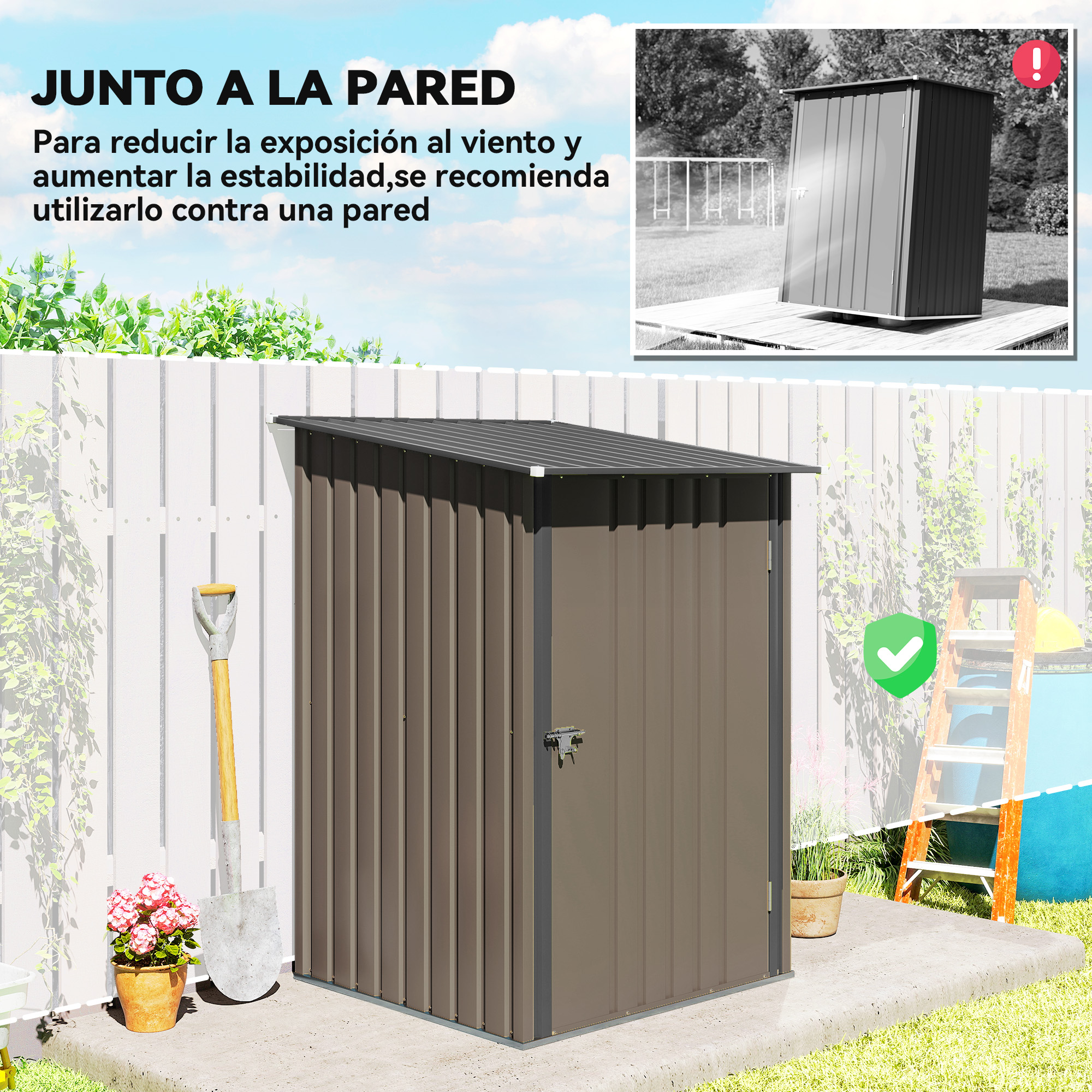 Un cobertizo marrón se encuentra contra una valla blanca. Una pala y una maceta están delante. Superposición de texto: JUNTO A LA PARED.