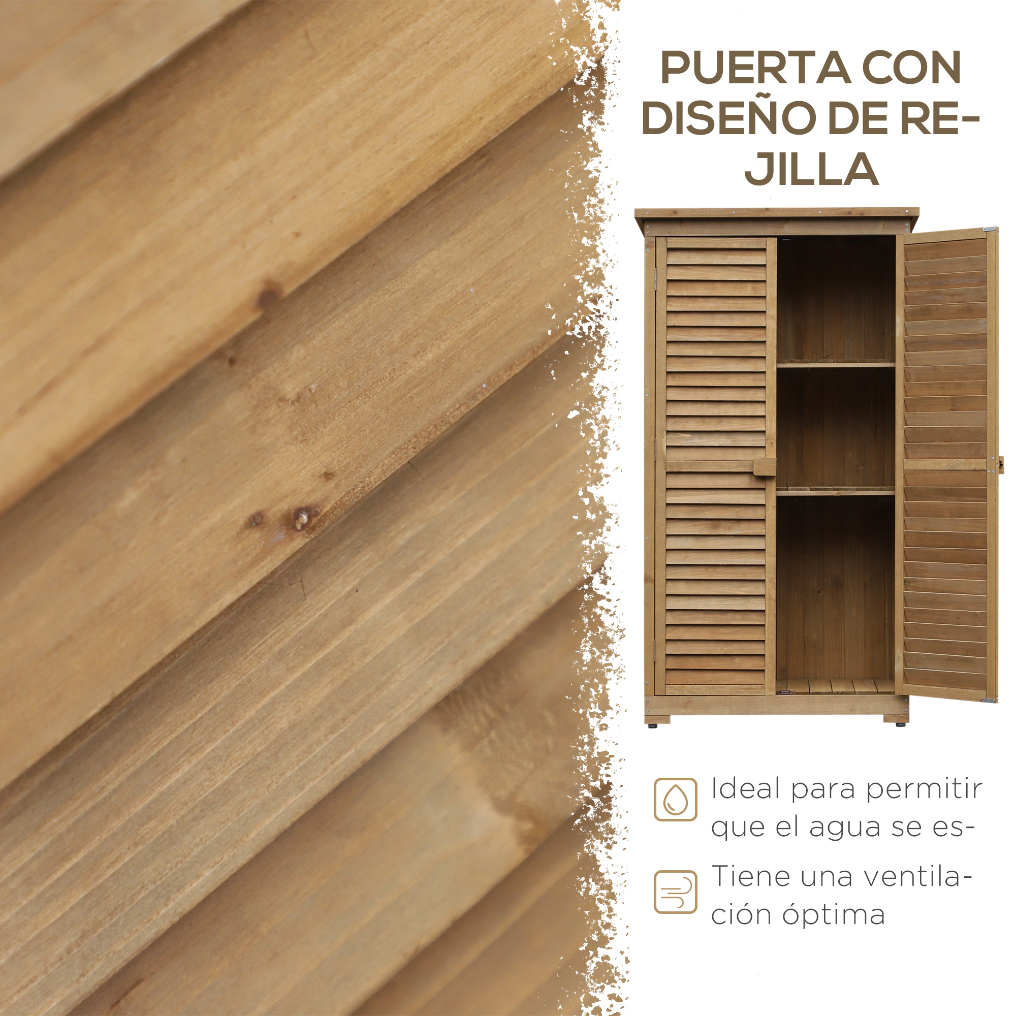Armario de madera con puertas de lamas, una abierta. Texto en español: puerta con diseño de rejilla. Ideal para drenaje y ventilación.