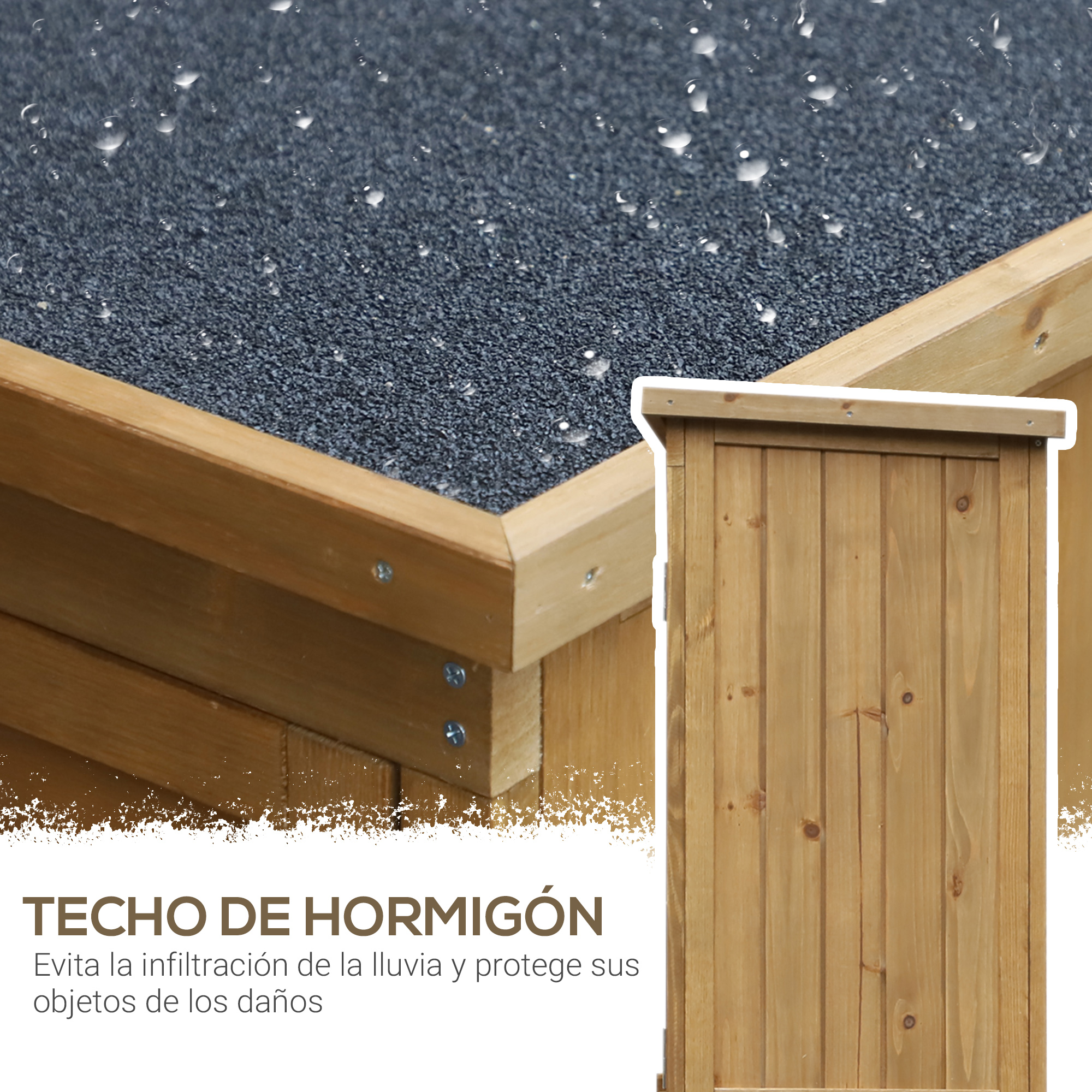 Estructura de madera con techo de hormigón gris. Se ven gotas de agua. Texto: TECHO DE HORMIGÓN. Evita la infiltración de la lluvia.