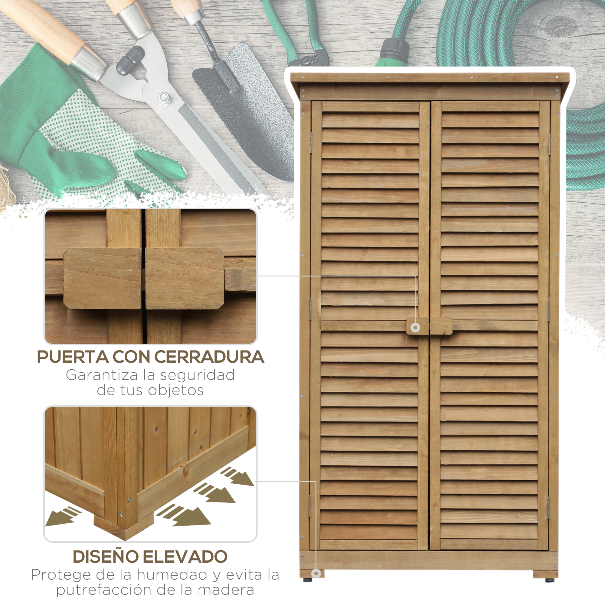 Un armario de madera con puerta y cerradura, varias herramientas de jardinería visibles en el fondo.