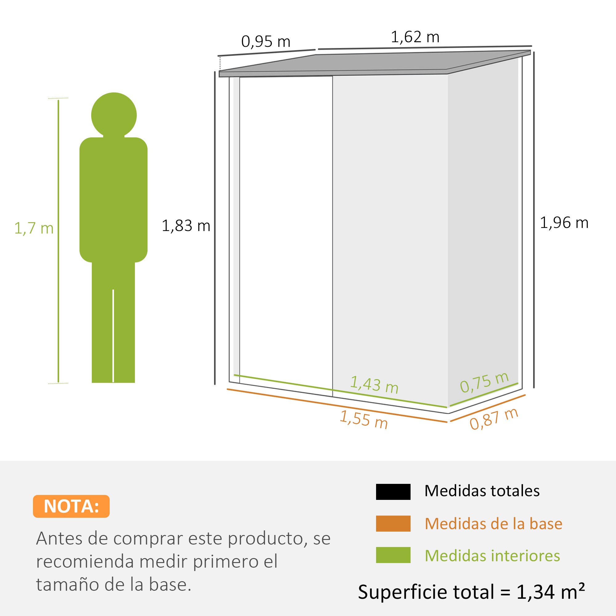 Diagrama de una estructura rectangular con dimensiones, incluyendo altura y anchura, y una silueta verde de una persona.