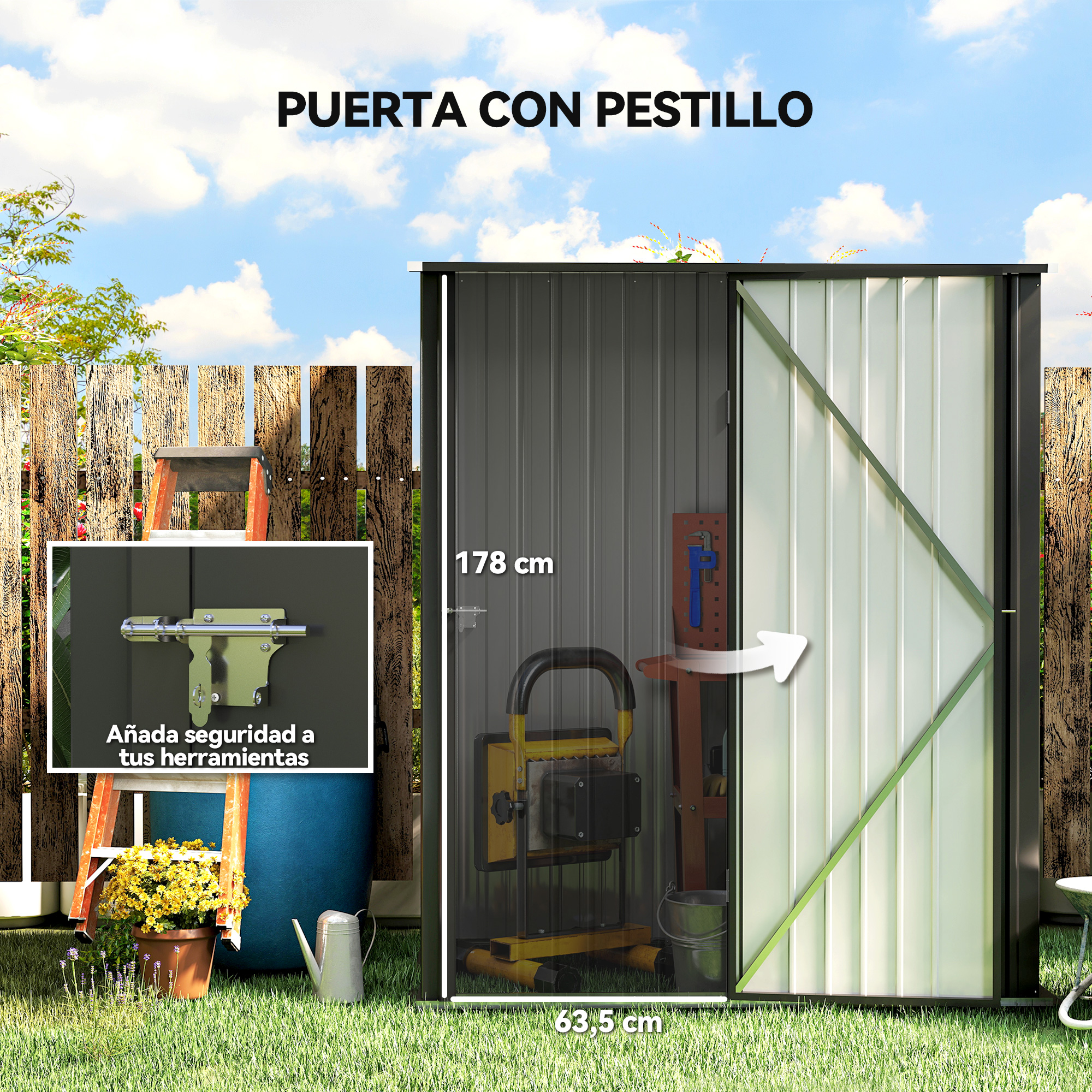 Un cobertizo de metal con cerrojo, valla de madera y escalera. Hierba verde y cielo azul.