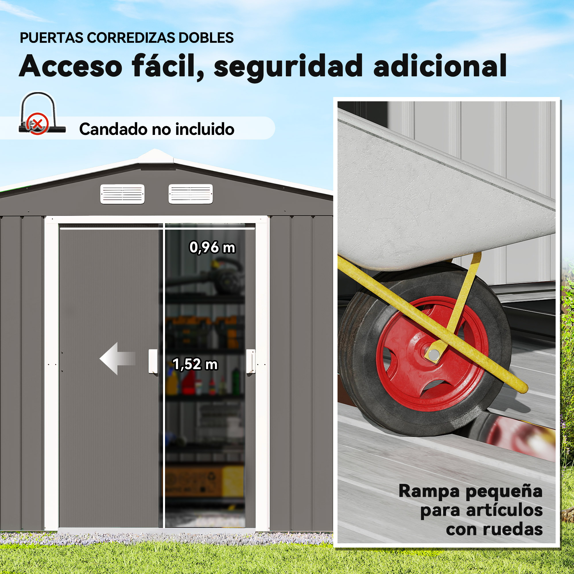 Se muestra un cobertizo gris con puertas correderas. Una carretilla rueda por una rampa. Texto: 'acceso fácil, seguridad adicional'.