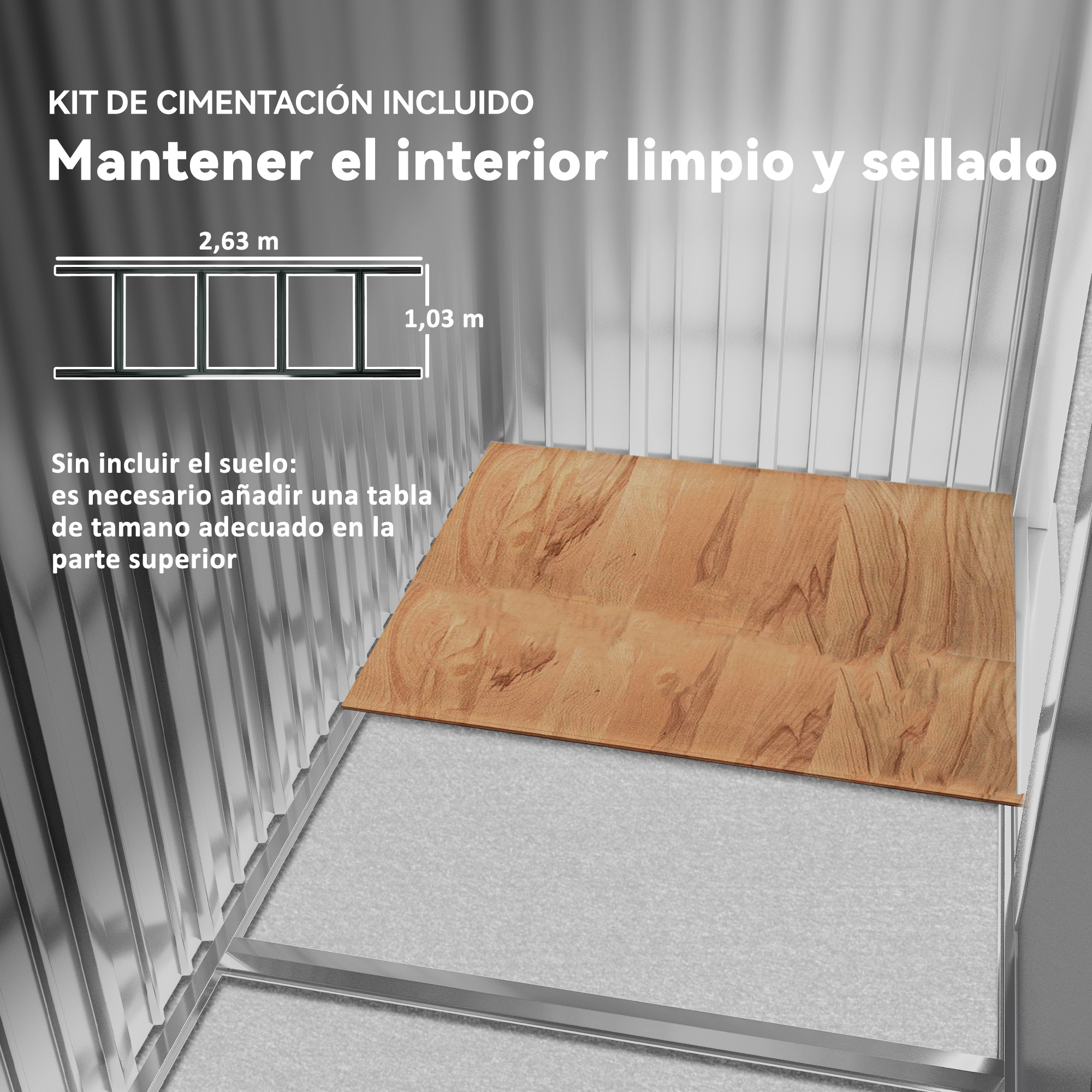 Una ilustración muestra una estructura con piso de madera, paredes metálicas y texto en español. Incluye dimensiones e instrucciones.