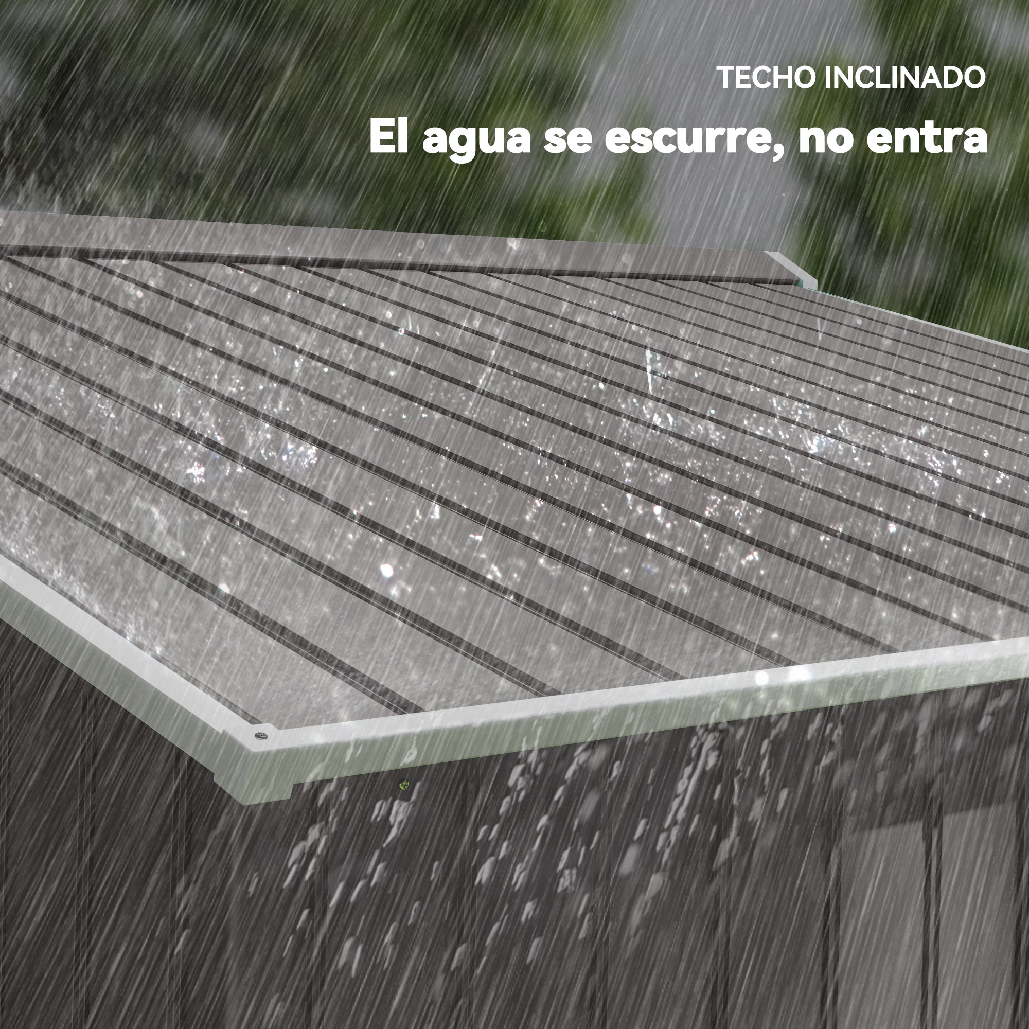 Lluvia en un tejado inclinado. El agua escurre. El tejado es gris con rayas negras y bordes blancos.