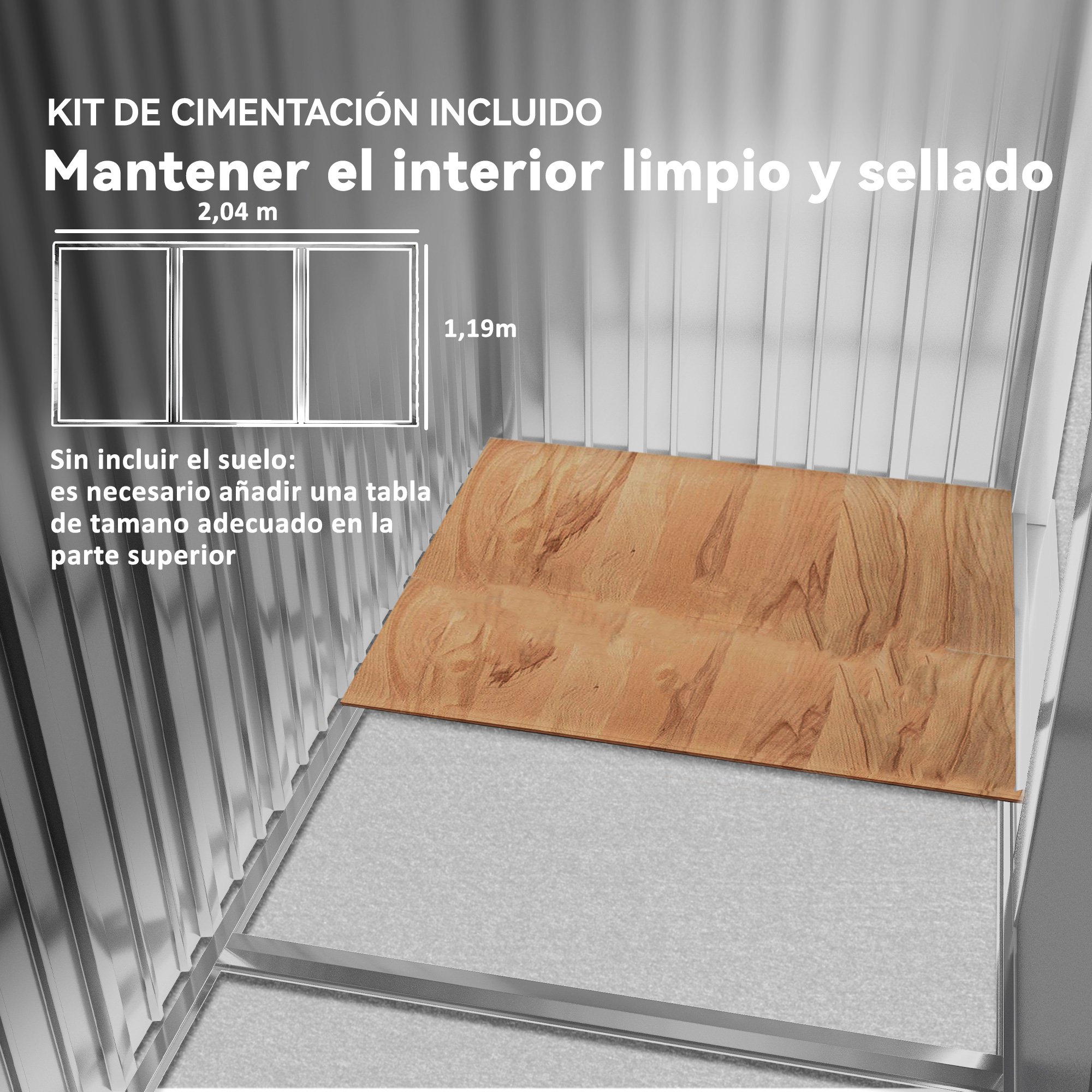 La ilustración muestra una estructura con suelo de madera y paredes metálicas. Hay texto en español.