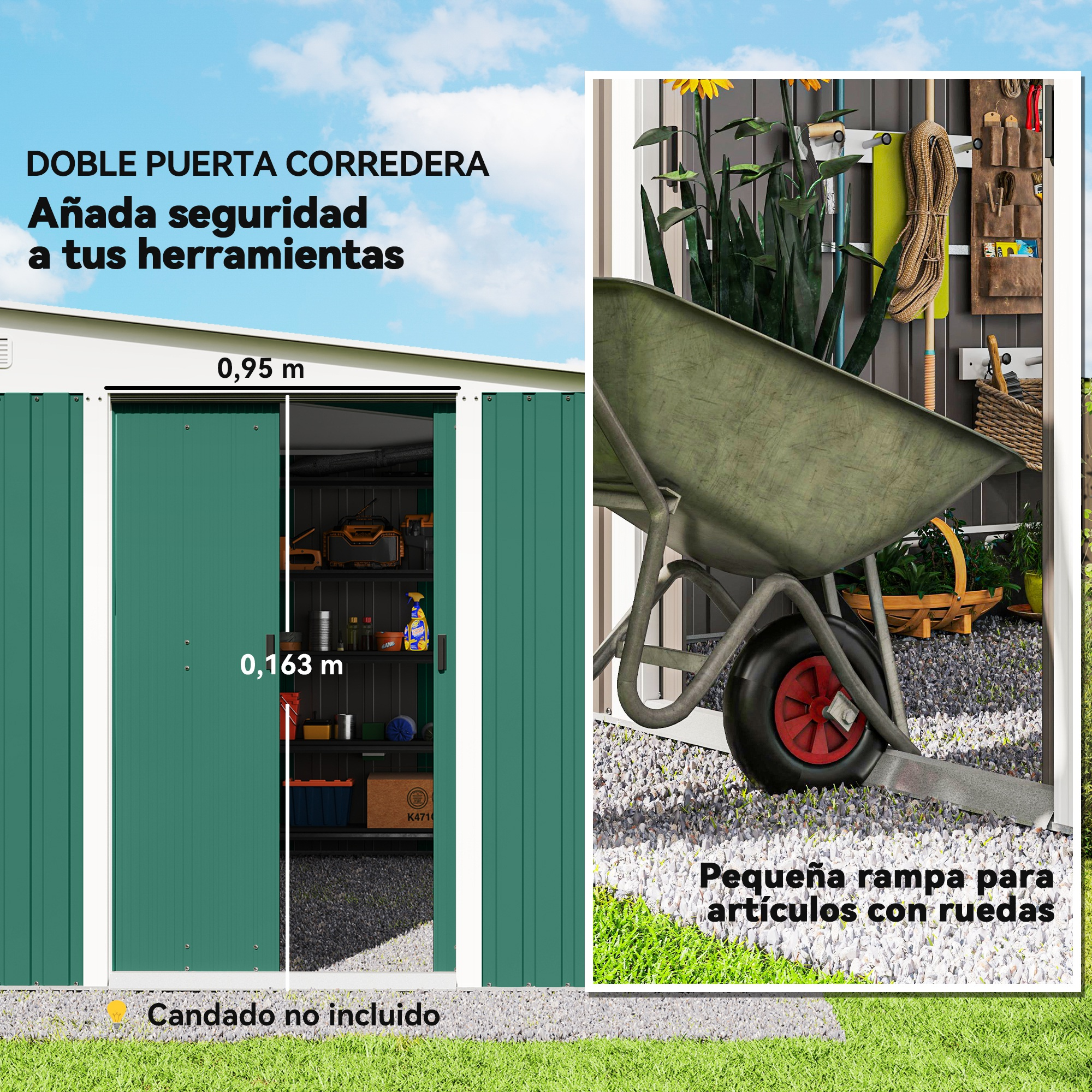 Se muestra un cobertizo verde con puertas correderas. También son visibles una carretilla, herramientas y una pequeña rampa para objetos con ruedas.