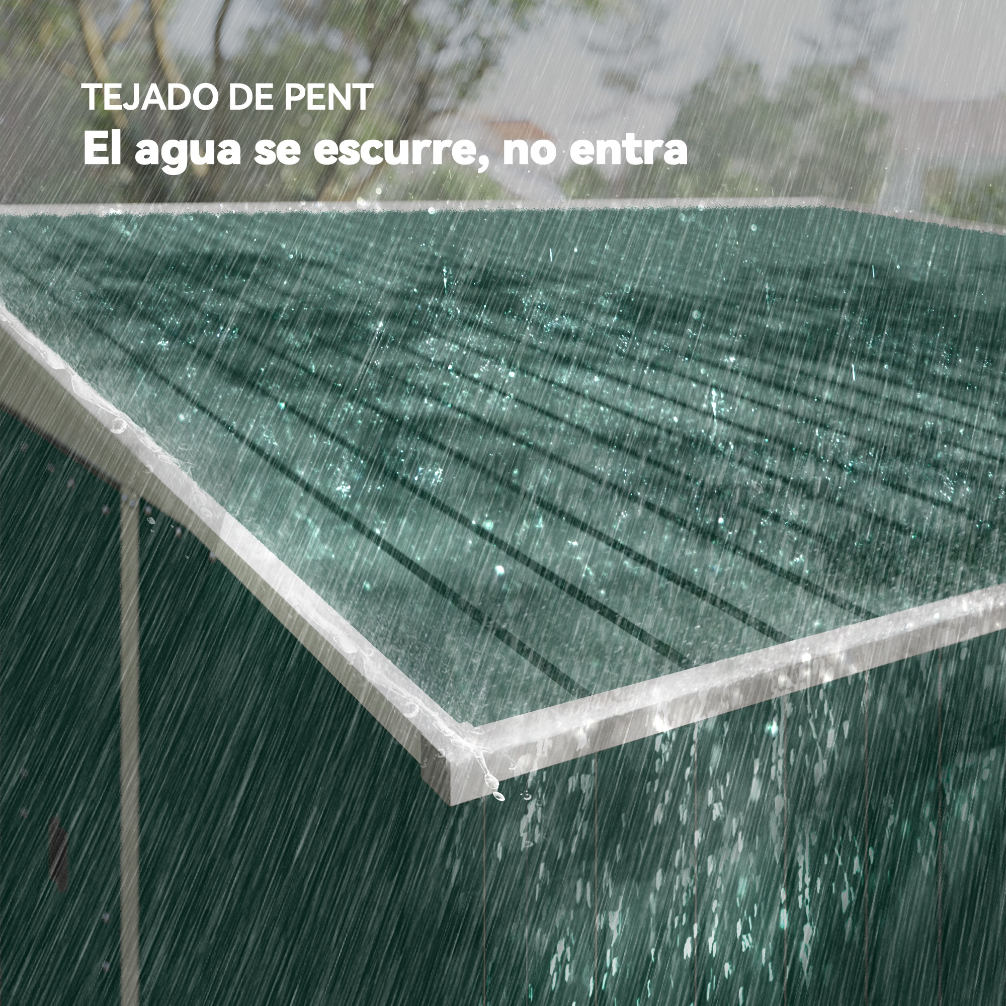 Techo verde inclinado bajo la lluvia. Gotas de lluvia caen por la superficie. Texto: TECHO PENT. El agua se desliza.