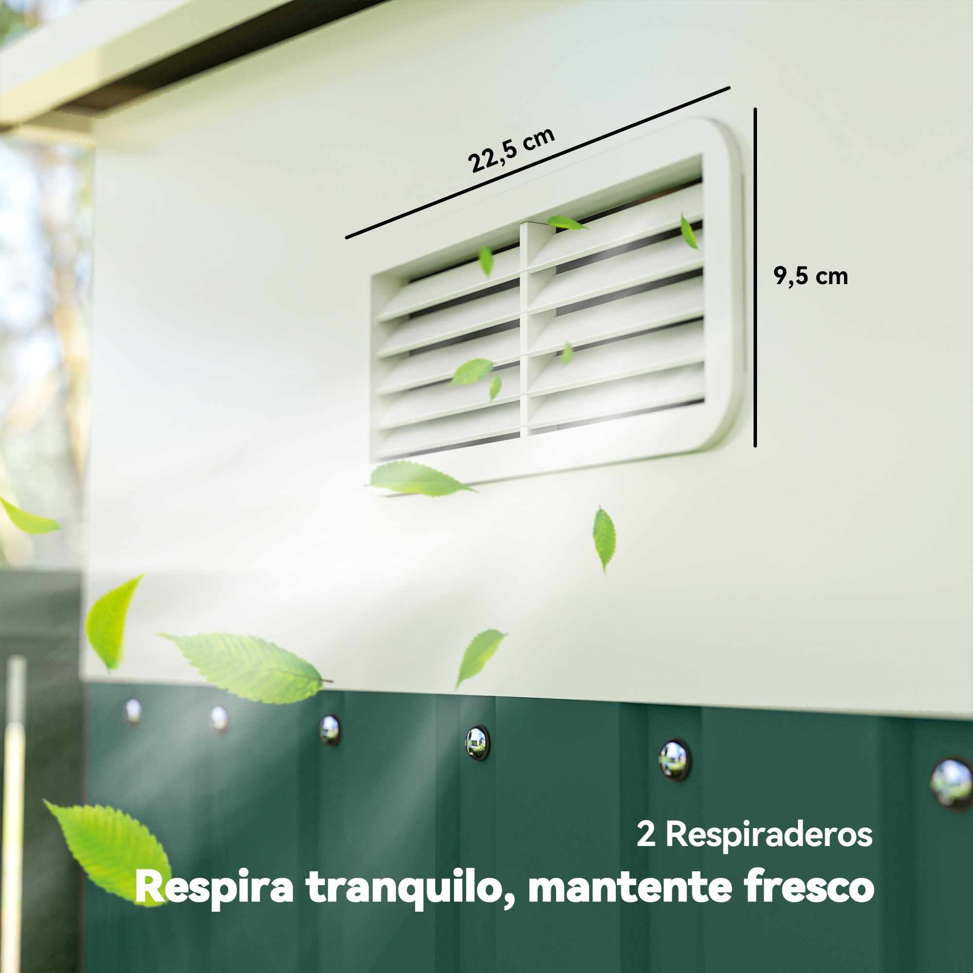 Una rejilla blanca en una pared blanca. Hojas verdes flotan alrededor. El texto dice 'Respira fácil, mantente fresco'.