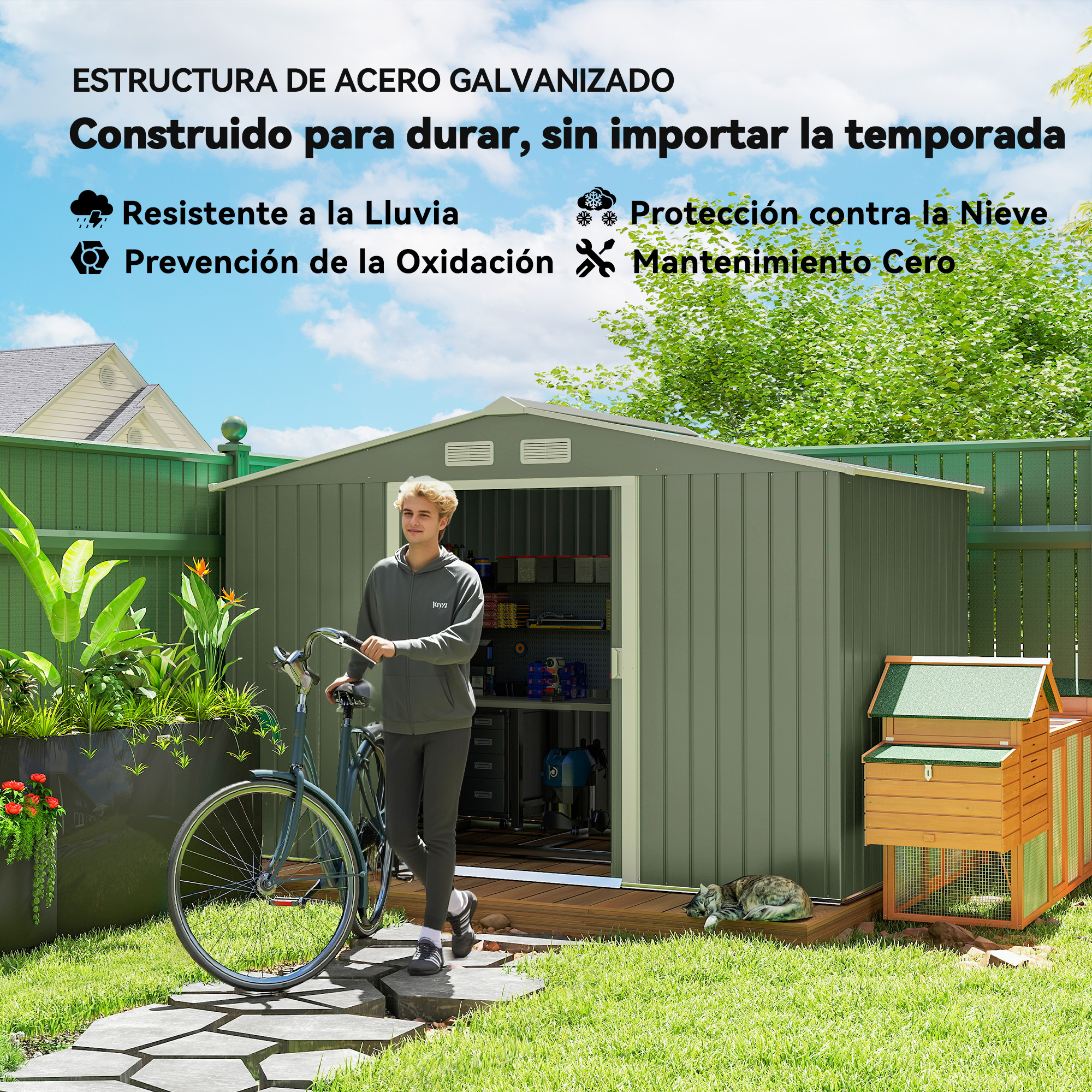 Un hombre junto a un cobertizo, sosteniendo una bicicleta. Un gallinero y un gato a la derecha.