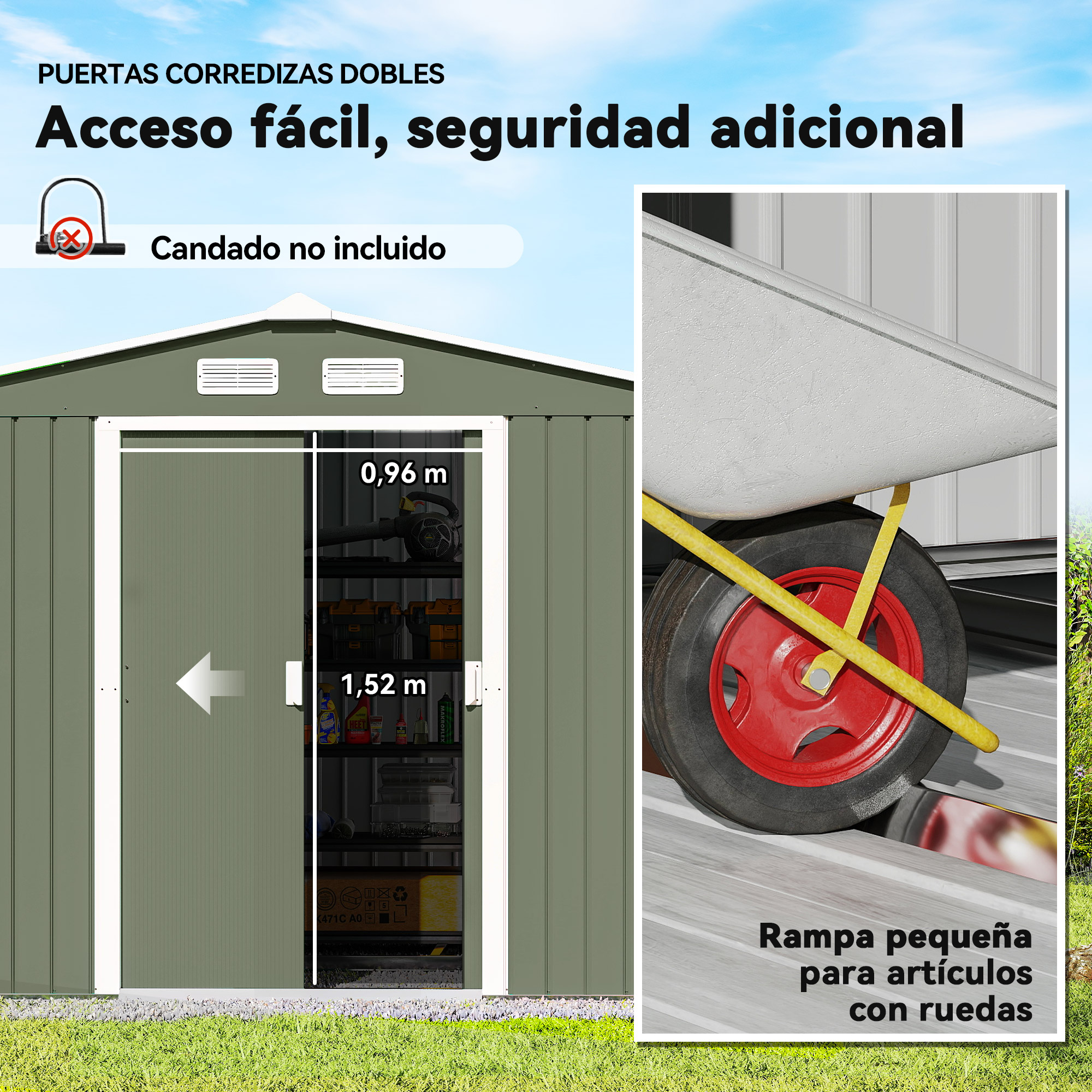 Cobertizo verde con puertas correderas. Carretilla con rueda roja a la derecha. Texto: Fácil acceso, seguridad adicional.