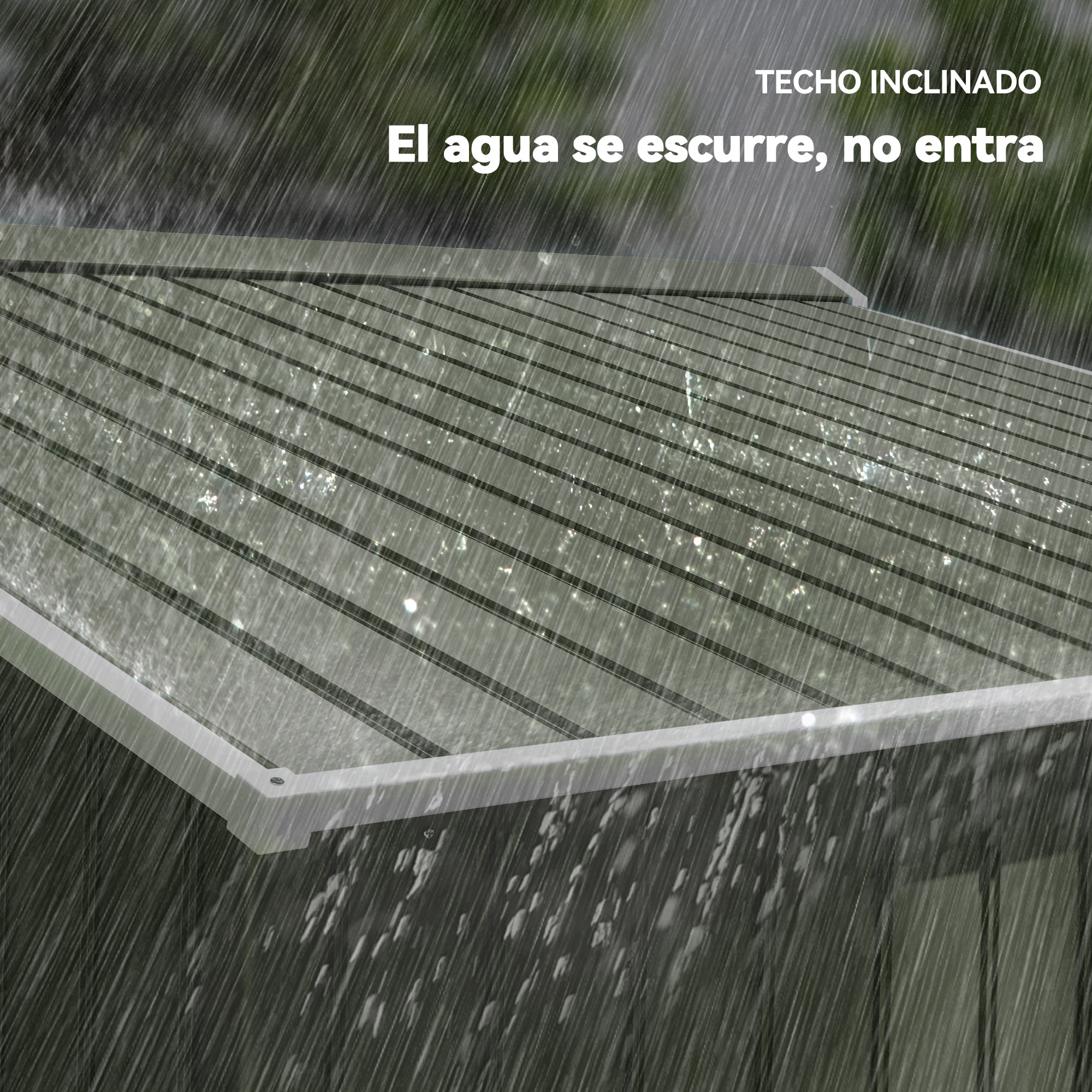 La lluvia cae sobre un tejado inclinado. El tejado es verde con molduras blancas. El texto dice: 'El agua corre, no entra'.