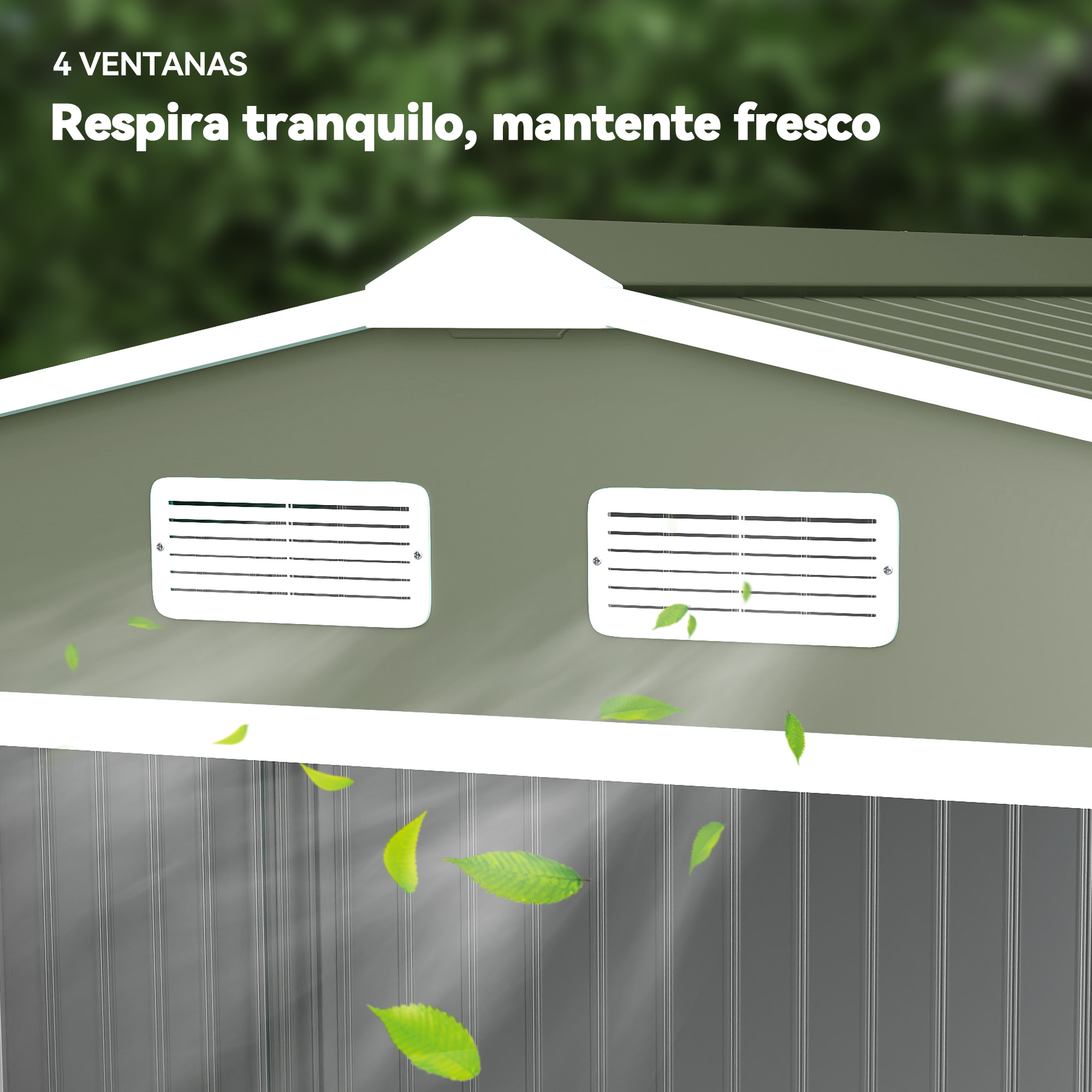 Edificio verde con ventilaciones blancas, texto 'Respira tranquilo, mantente fresco' y hojas verdes flotantes.