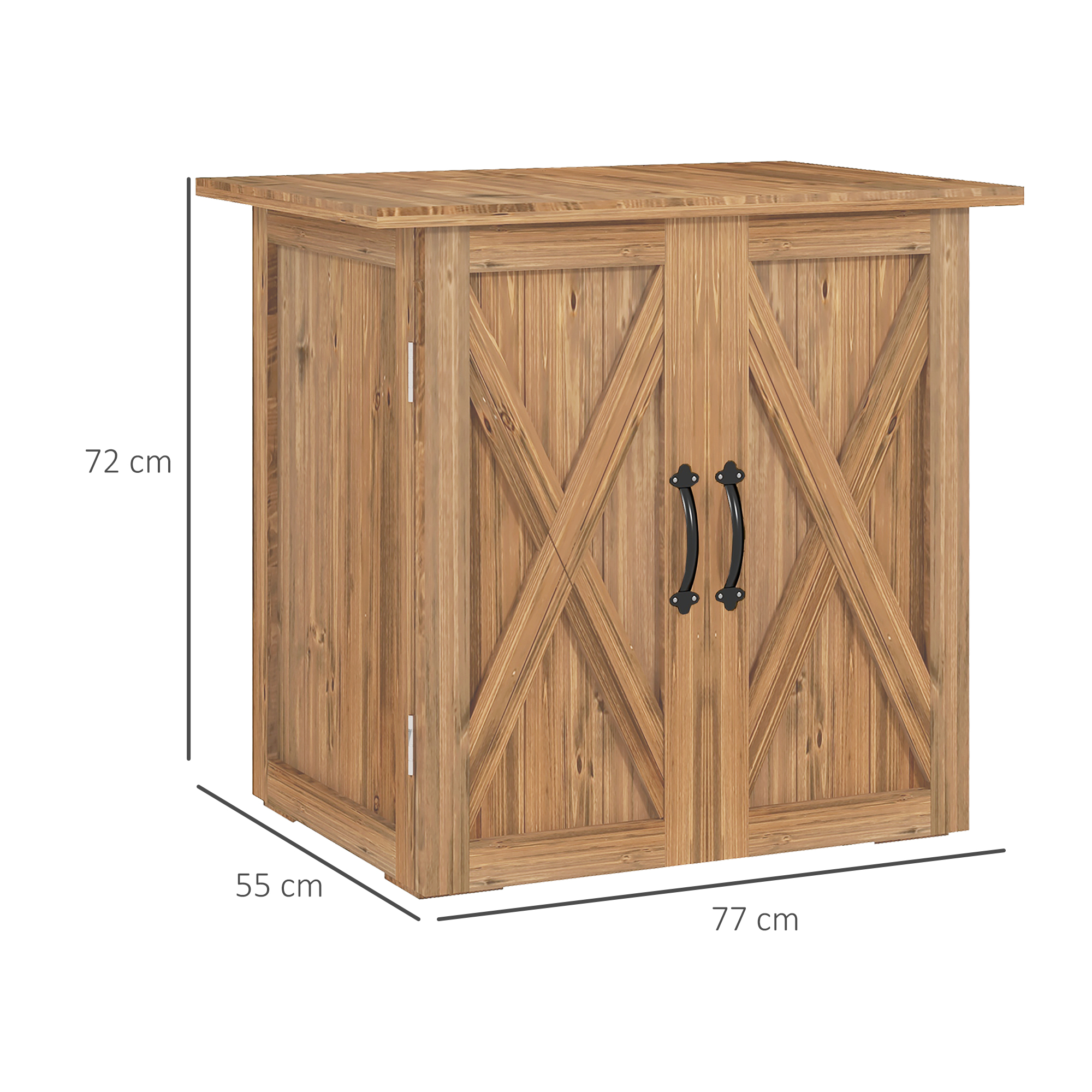 Un armario de madera con dos puertas y tiradores negros. Dimensiones: 72x55x77cm. El armario tiene un diseño X en las puertas.