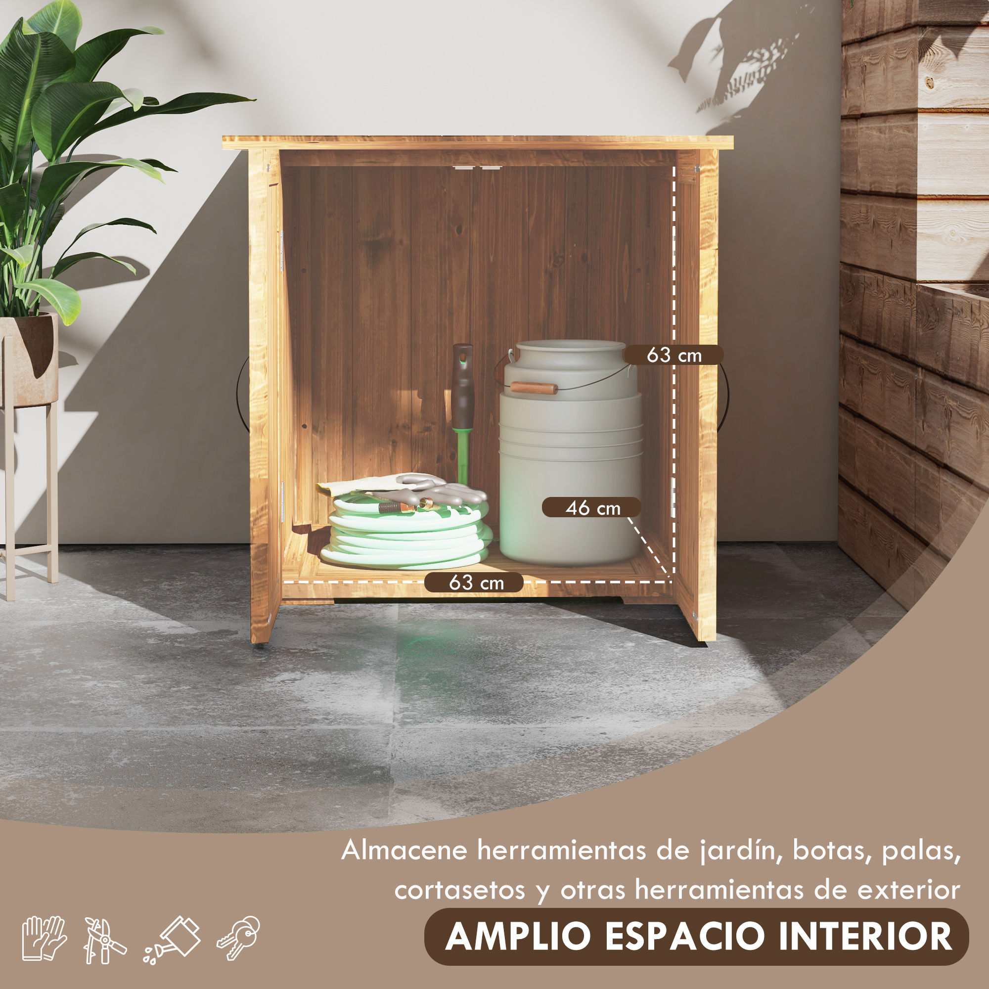 Armario de almacenamiento de madera con manguera, guantes y regadera. Las dimensiones están marcadas.