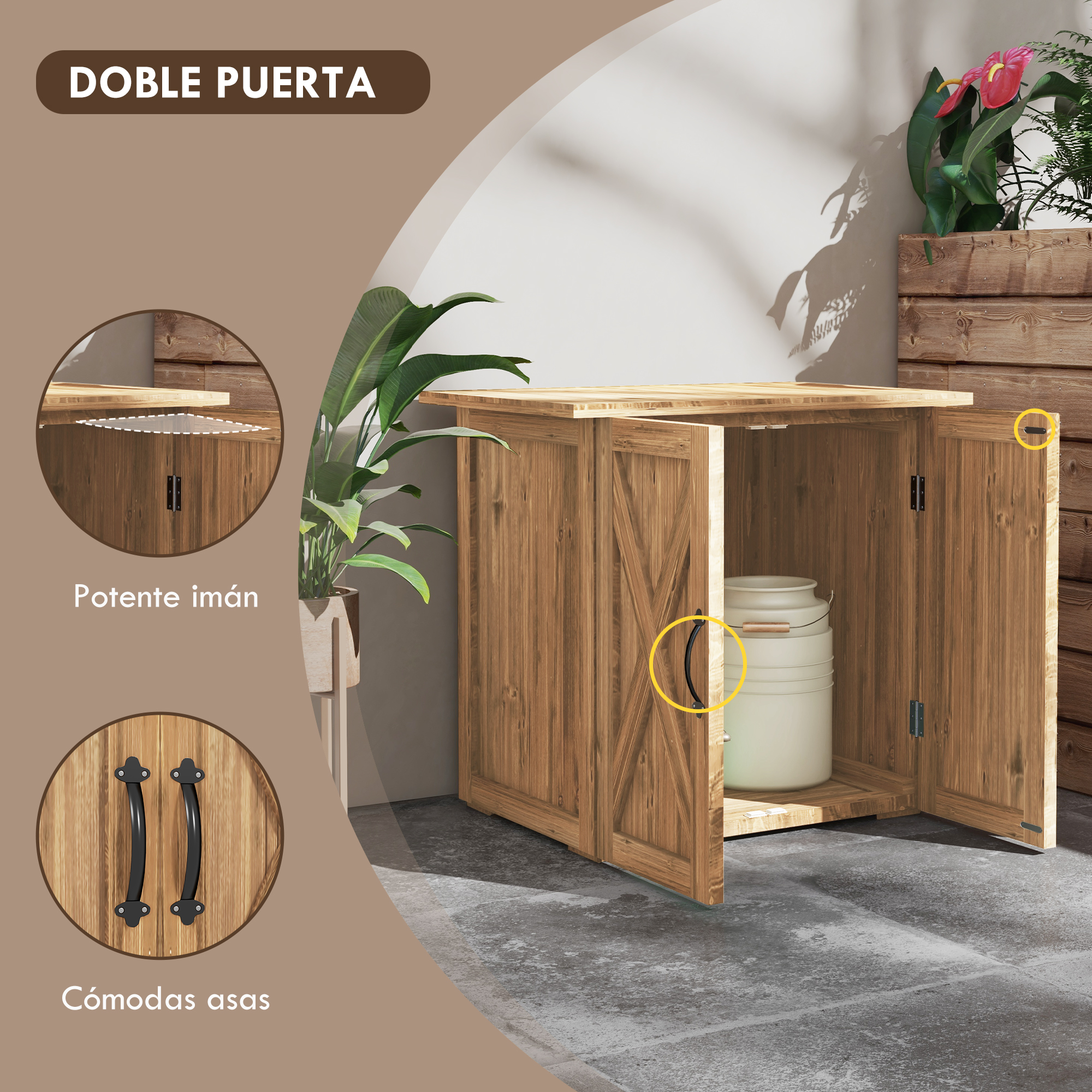 Armario de madera de doble puerta con contenedor blanco. Destacan asas y imán. Plantas al fondo.