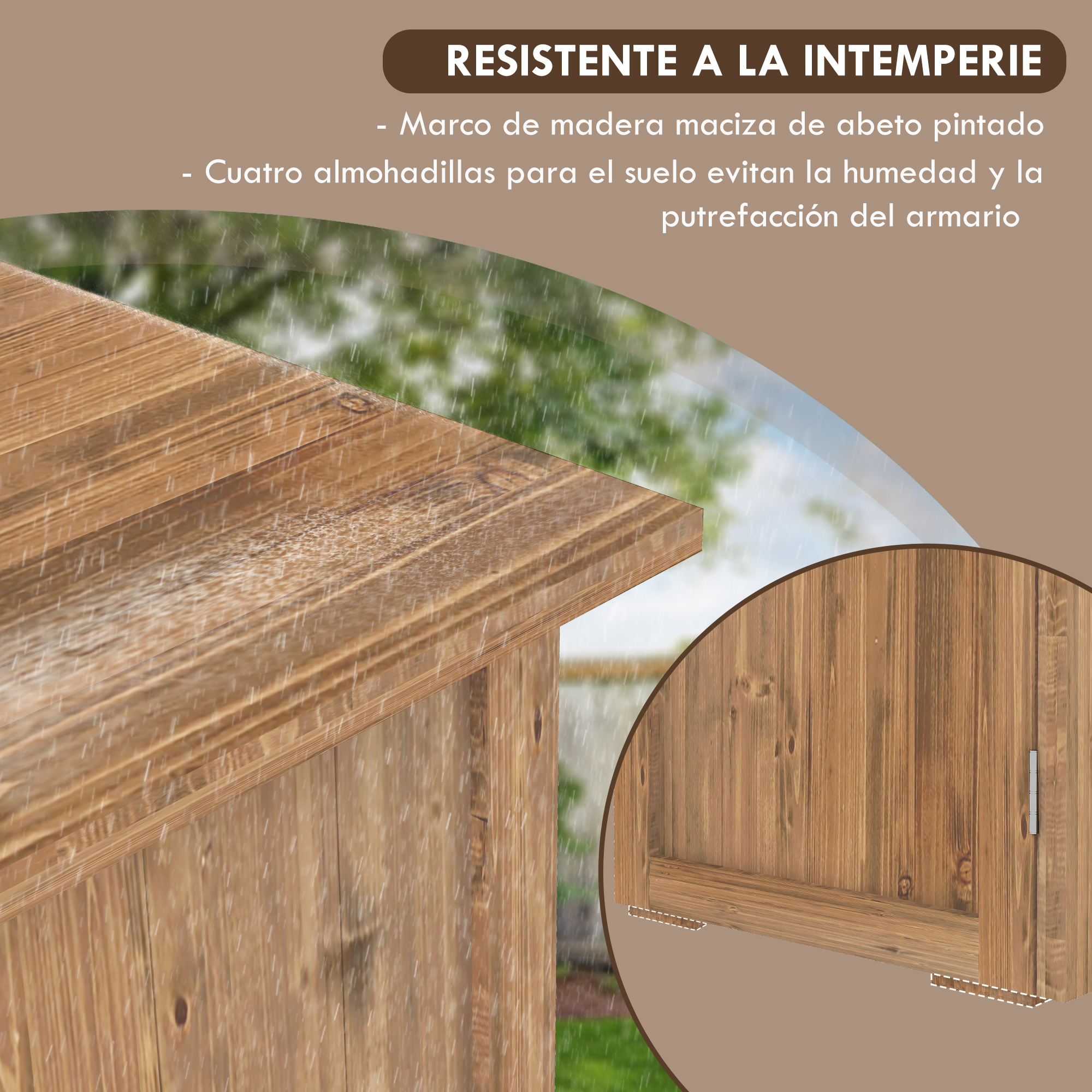 Detalle de un armario de madera. La lluvia cae sobre la superficie de madera. Un detalle circular muestra una puerta.